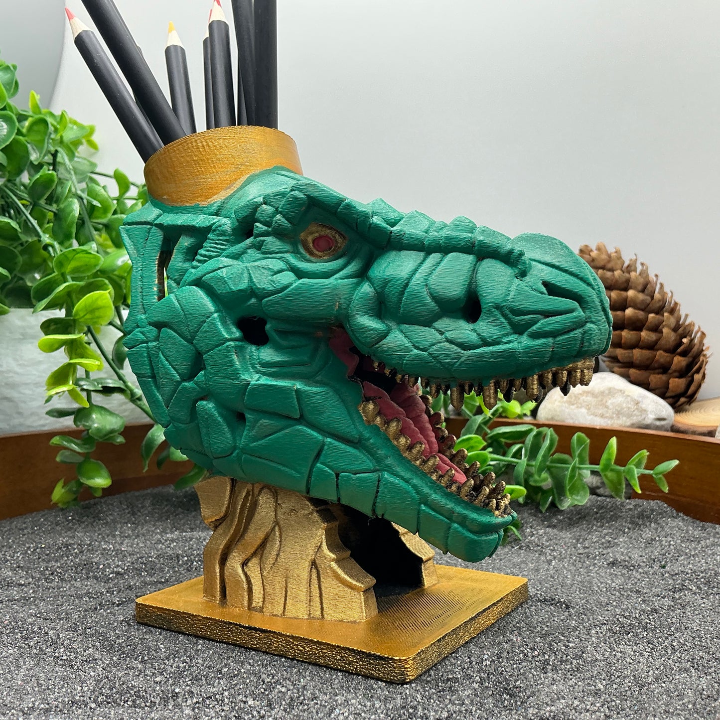 Dinosaur T Rex Pencil & Paintbrushes Pot Holder Hand Painted