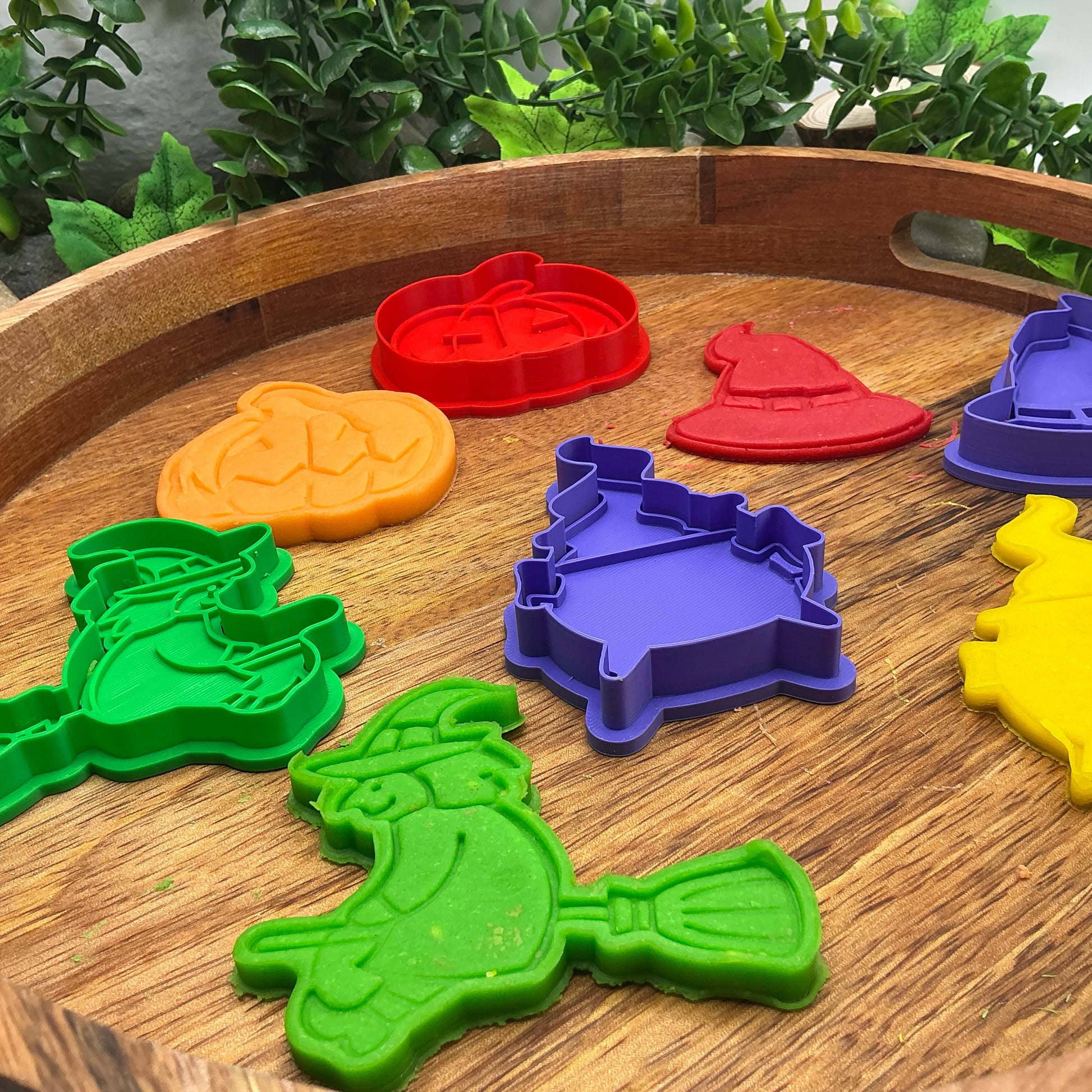 3D-printed witch Halloween play dough cookie cutter set - 4 piece (witch on broom, cauldron, hat and pumpkin) colour set C - view 13 of 14