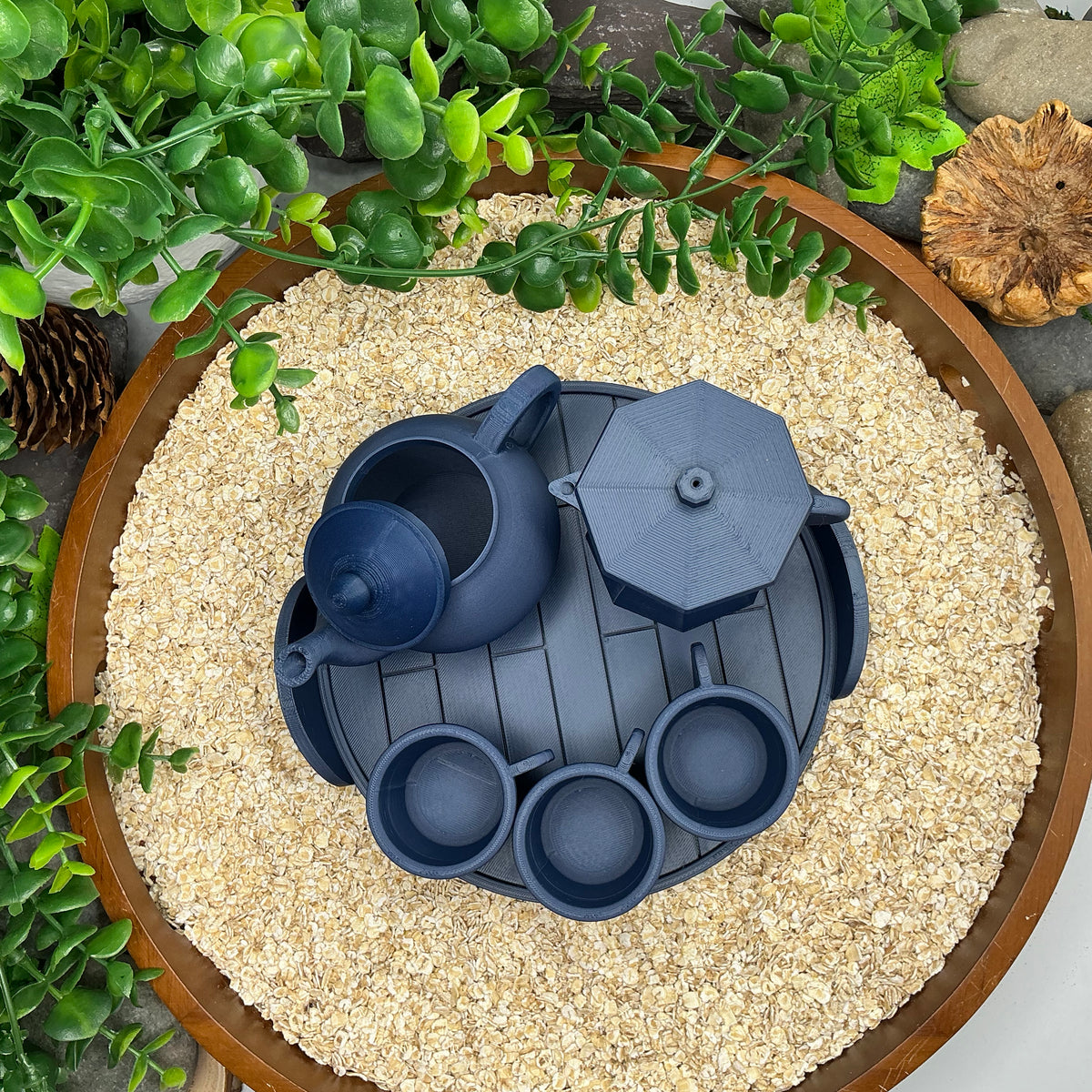 Tea & Coffee Maker Set 6 Piece Set - 3D Printed Teapot , Coffee Pot , Cups & Tray Kitchen Role Play Toy, Eco-Friendly