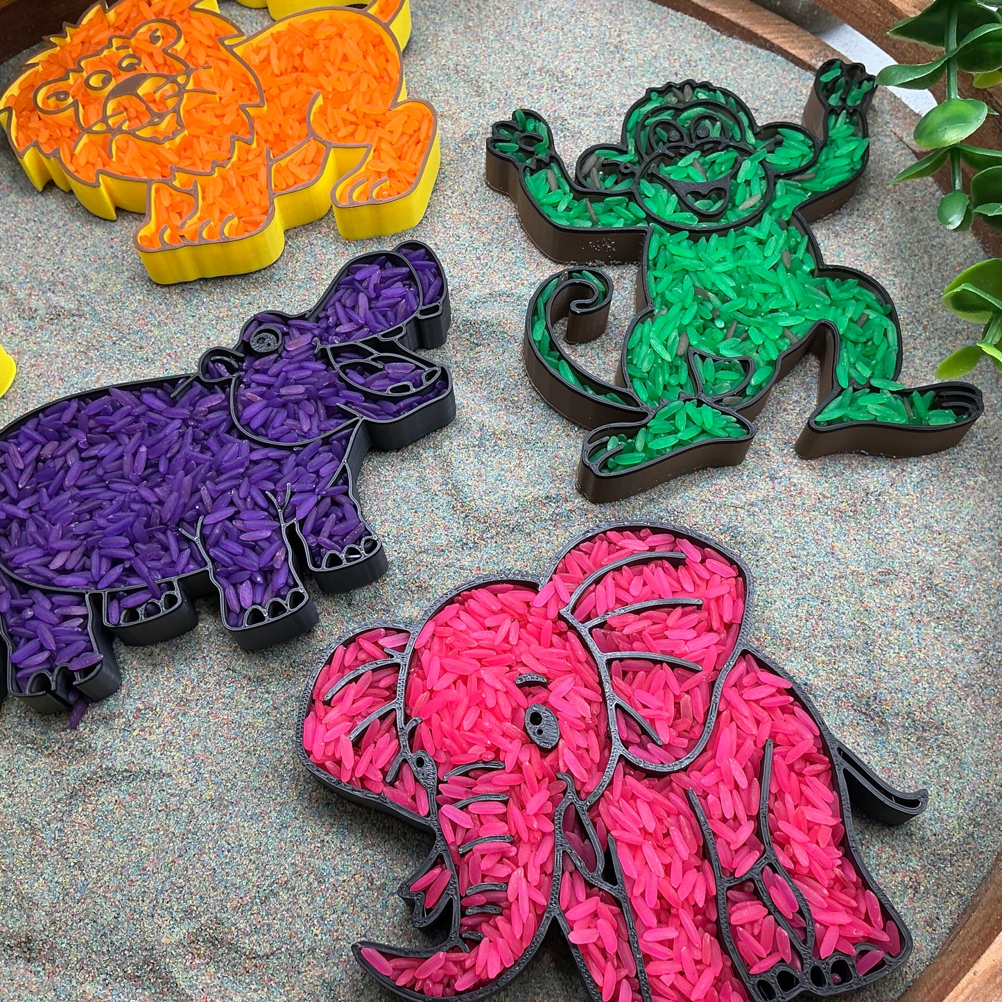 Safari animals Fill Shapes Sensory Filling Trays 5 piece set elephant hippo lion monkey and giraffe