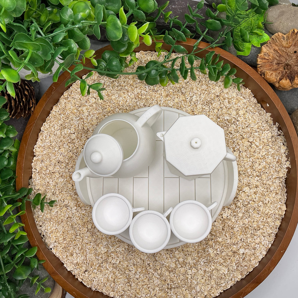 Tea & Coffee Maker Set 6 Piece Set - 3D Printed Teapot , Coffee Pot , Cups & Tray Kitchen Role Play Toy, Eco-Friendly