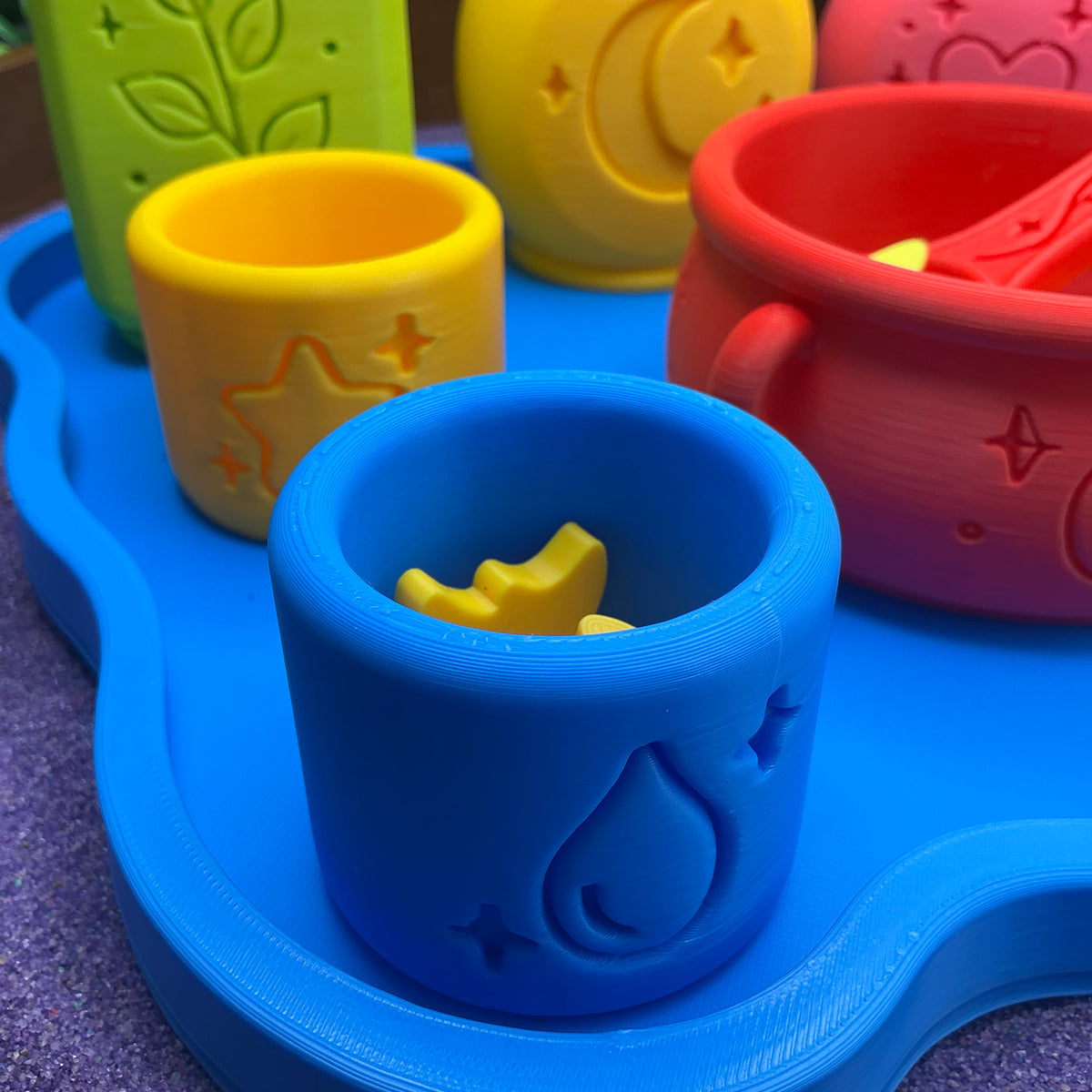 Potion Play Set - 14 Piece Sensory Play Kit with Potion Bottles, Cups, Mixing Bowl, Mini Fire Pit & Trays