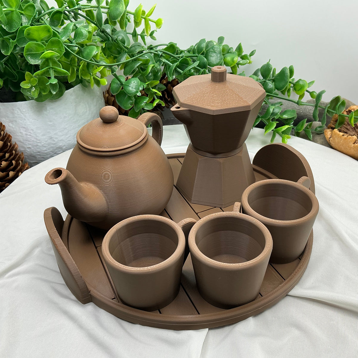 Tea & Coffee Maker Set 6 Piece Set - 3D Printed Teapot , Coffee Pot , Cups & Tray Kitchen Role Play Toy, Eco-Friendly