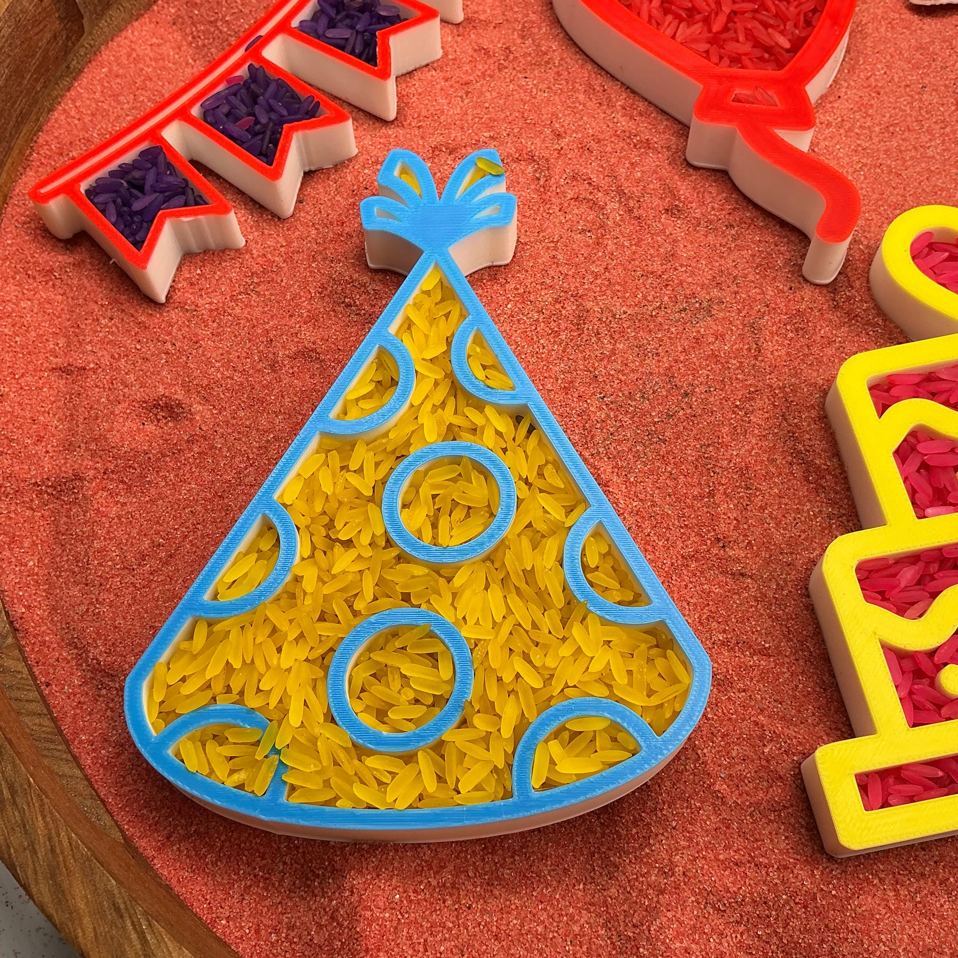 3D-printed birthday play sensory filling tray, 5-piece set with cake, balloon, banner and party hat - view 9 of 12