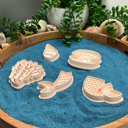 3D-printed mermaid lagoon play dough cookie cutter set - 5 piece with coral, mermaid tails, clam shell and shell - view 9 of 15