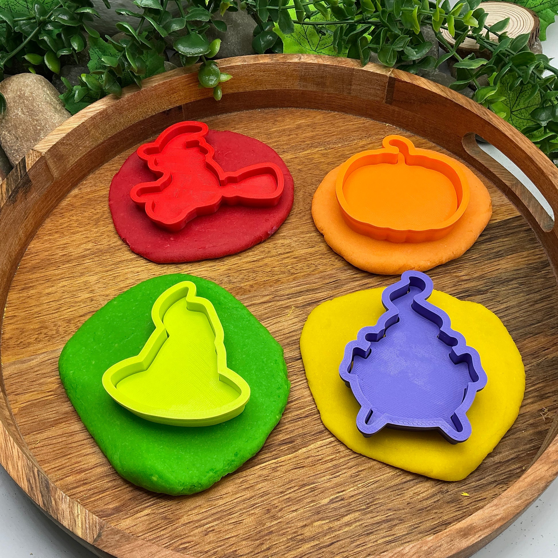 3D-printed witch Halloween play dough cookie cutter set - 4 piece (witch on broom, cauldron, hat and pumpkin) colour set A - view 6 of 13