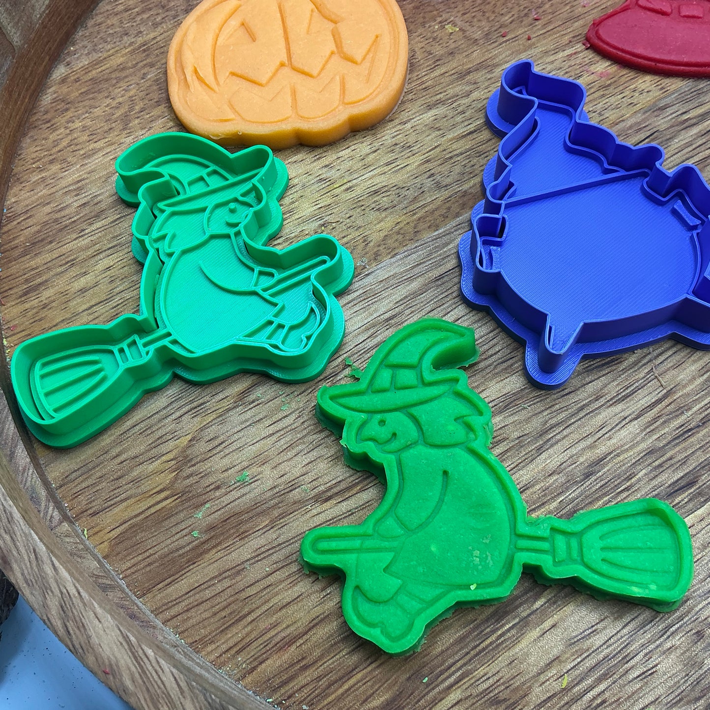 3D-printed witch Halloween play dough cookie cutter set - 4 piece (witch on broom, cauldron, hat and pumpkin) colour set C - view 9 of 14
