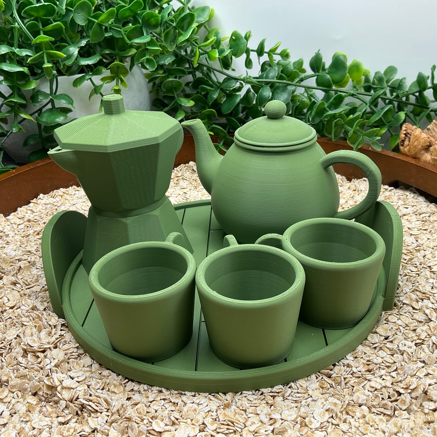 Tea & Coffee Maker Set 6 Piece Set - 3D Printed Teapot , Coffee Pot , Cups & Tray Kitchen Role Play Toy, Eco-Friendly