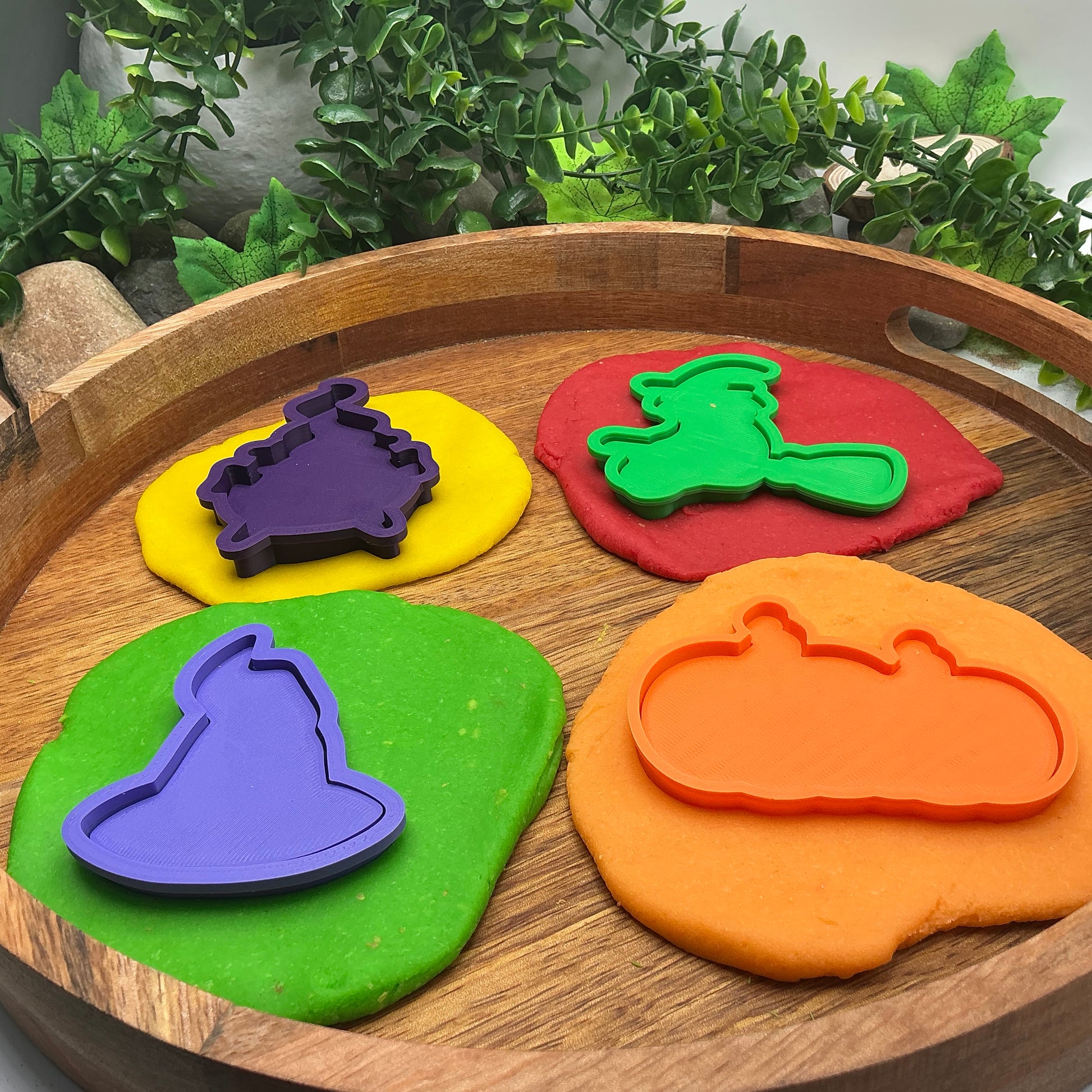 3D-printed witch Halloween play dough cookie cutter set - 4 piece (witch on broom, cauldron, hat and pumpkin) colour set B - view 5 of 13