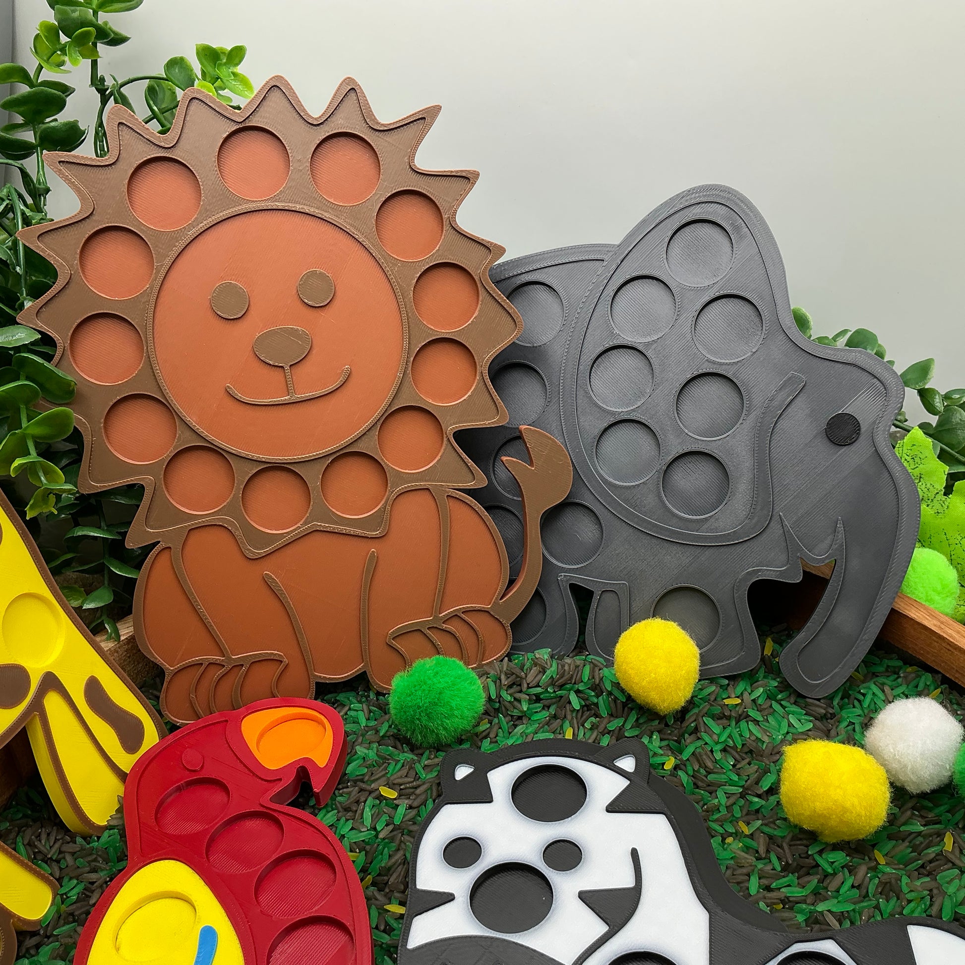 3D-printed animal shape board sensory set, 5 pieces - parrot, zebra, elephant, lion and giraffe for pom-pom play - view 19 of 21