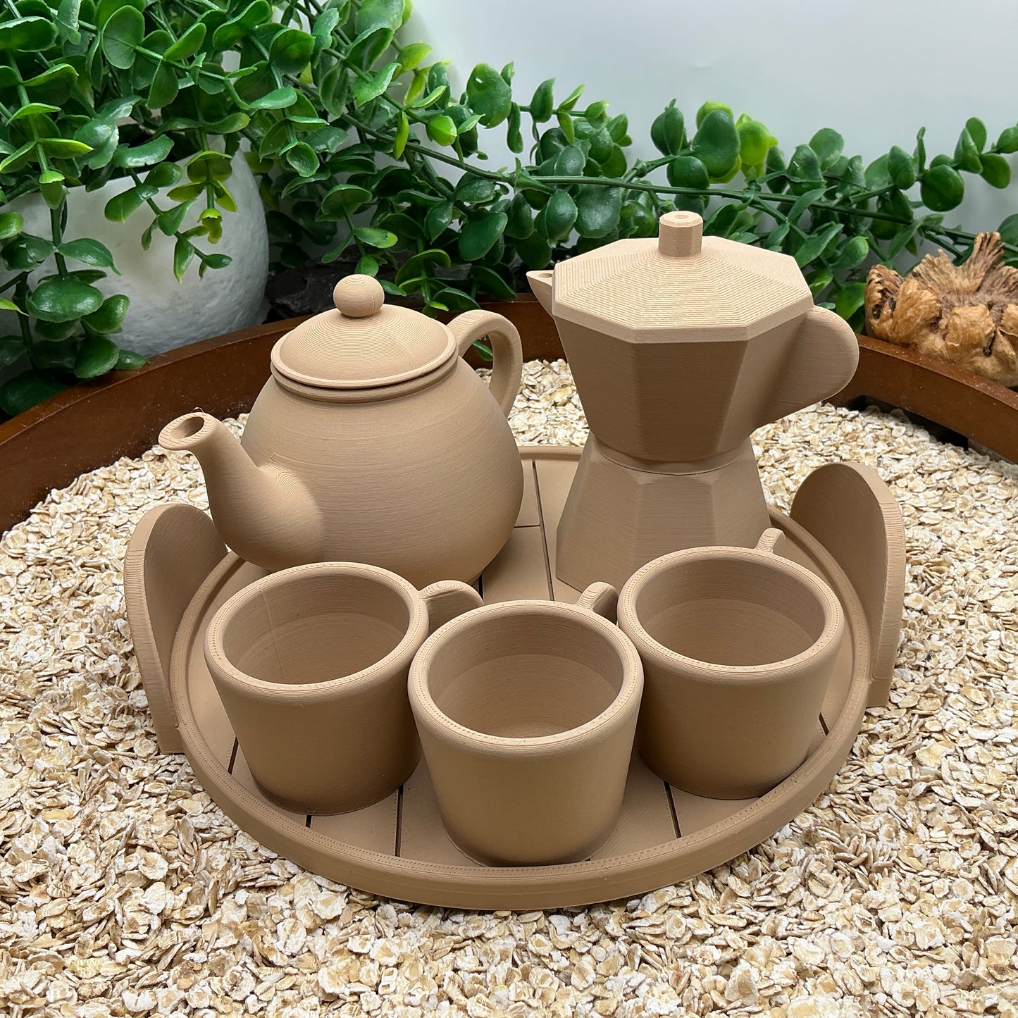 Tea & Coffee Maker Set 6 Piece Set - 3D Printed Teapot , Coffee Pot , Cups & Tray Kitchen Role Play Toy, Eco-Friendly