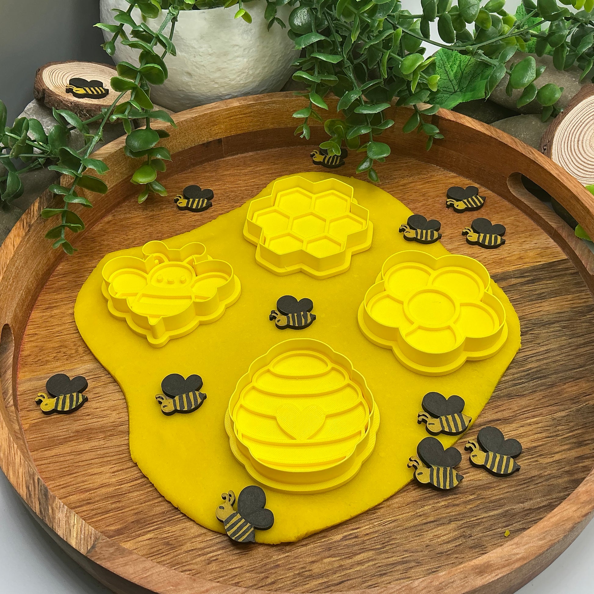 3D-printed bee theme play dough cookie cutter set - 4 piece with bee, beehive, honeycomb and flower - view 1 of 13