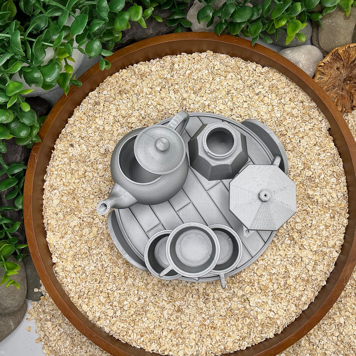 Tea & Coffee Maker Set 6 Piece Set - 3D Printed Teapot , Coffee Pot , Cups & Tray Kitchen Role Play Toy, Eco-Friendly