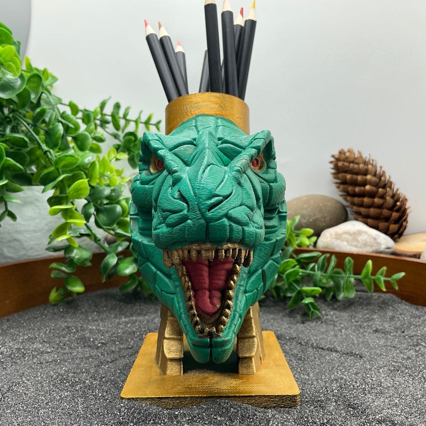 Dinosaur T Rex Pencil & Paintbrushes Pot Holder Hand Painted