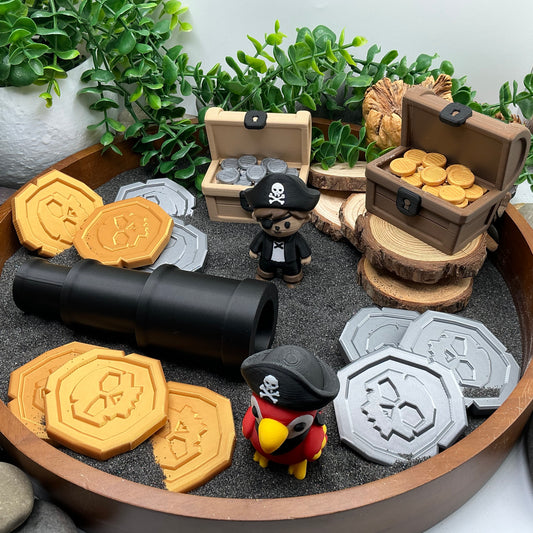 Pirate,Treasure Chest, Parrot & Treasure Coins 6 piece set
