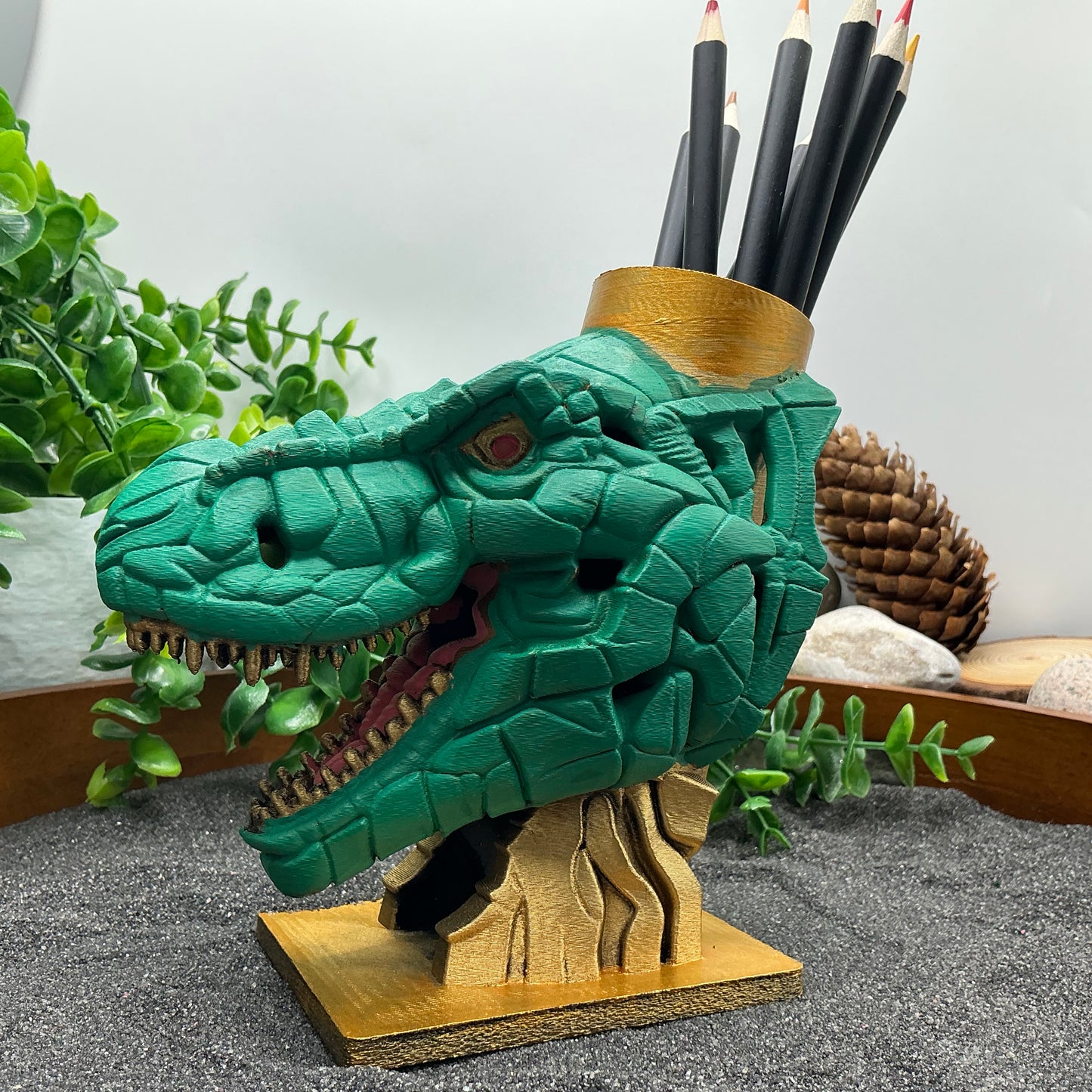 Dinosaur T Rex Pencil & Paintbrushes Pot Holder Hand Painted