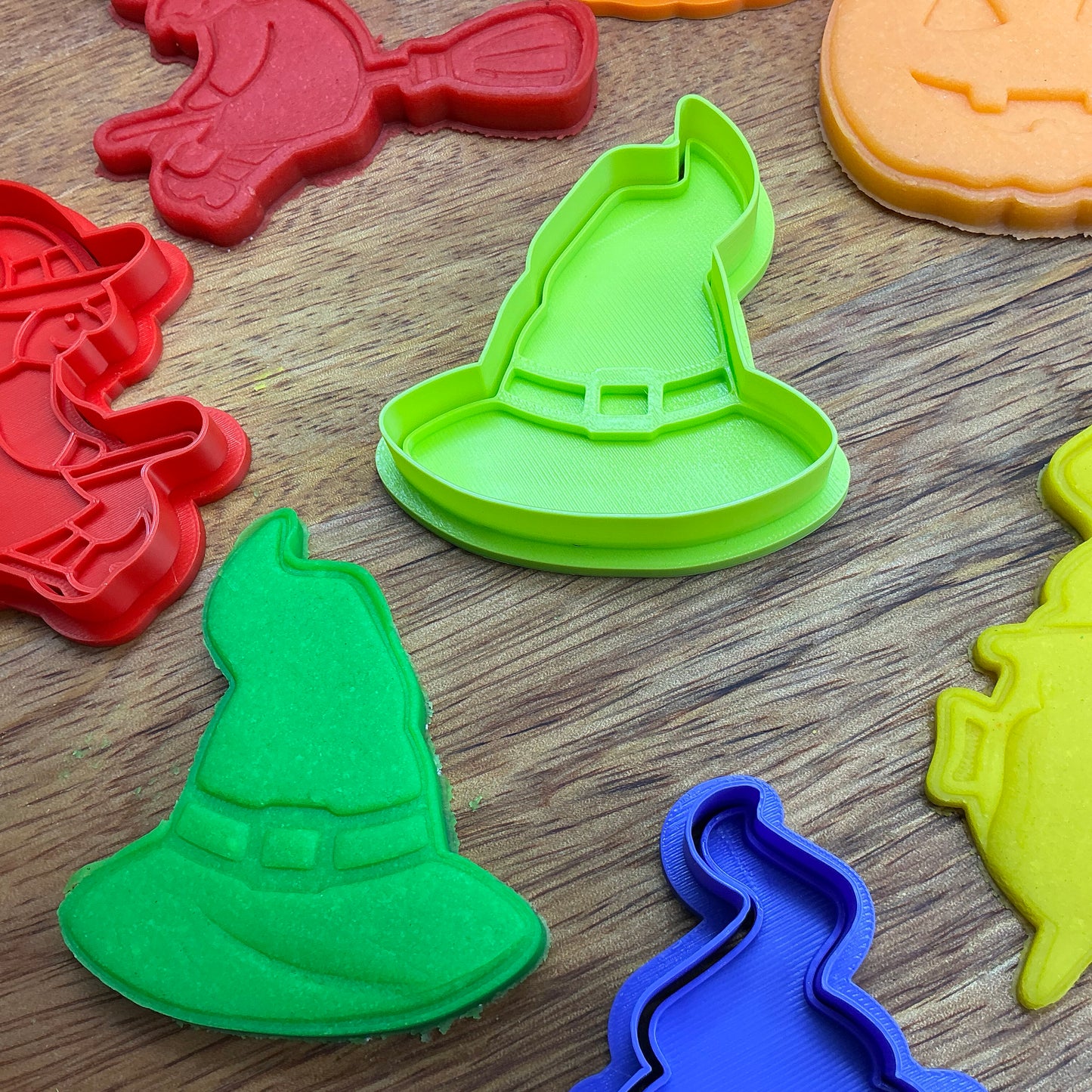 3D-printed witch Halloween play dough cookie cutter set - 4 piece (witch on broom, cauldron, hat and pumpkin) colour set A - view 9 of 13