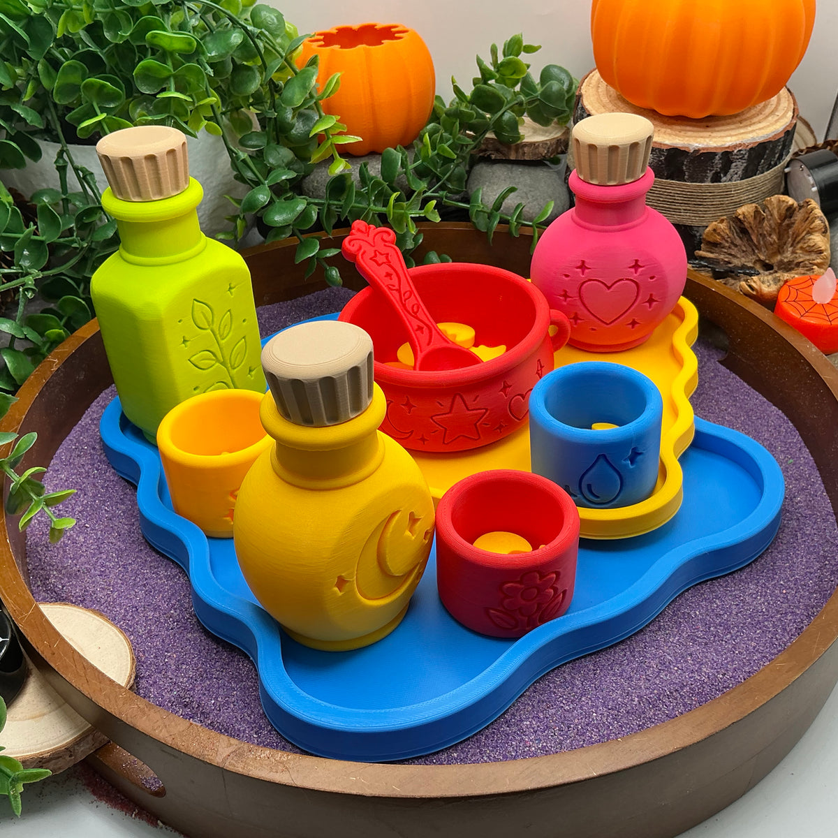 Potion Play Set - 14 Piece Sensory Play Kit with Potion Bottles, Cups, Mixing Bowl, Mini Fire Pit & Trays