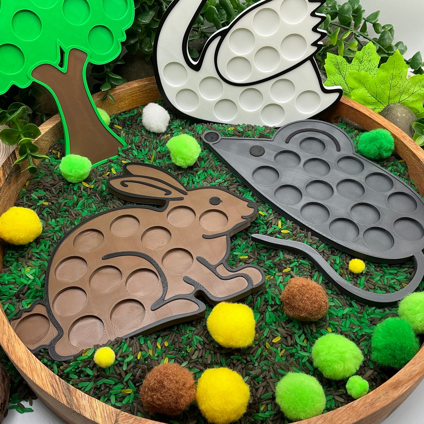 3D-printed animal shape board sensory set, 4 pieces - rabbit, mouse, swan and tree for pom-pom play - view 11 of 13