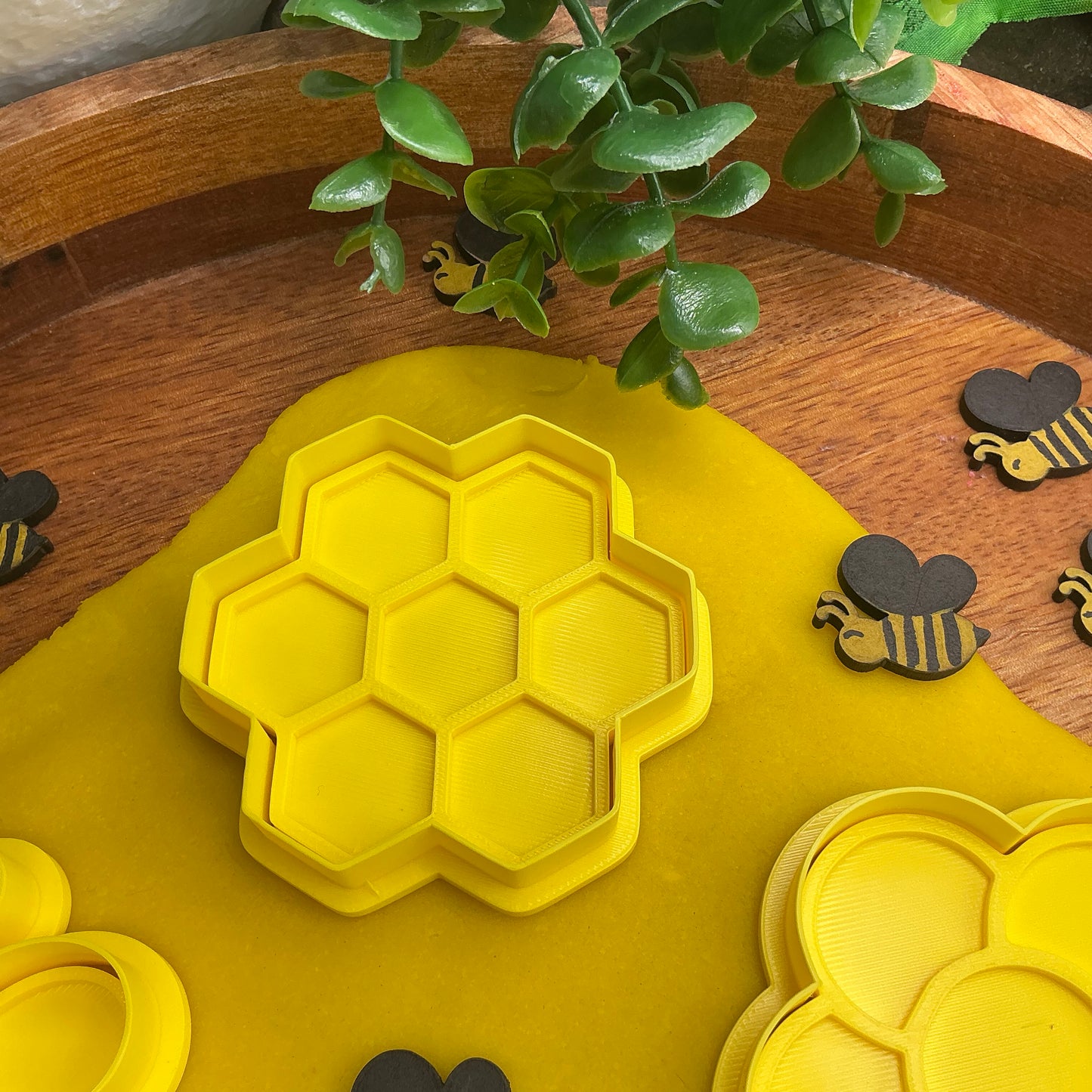 3D-printed bee theme play dough cookie cutter set - 4 piece with bee, beehive, honeycomb and flower - view 3 of 13