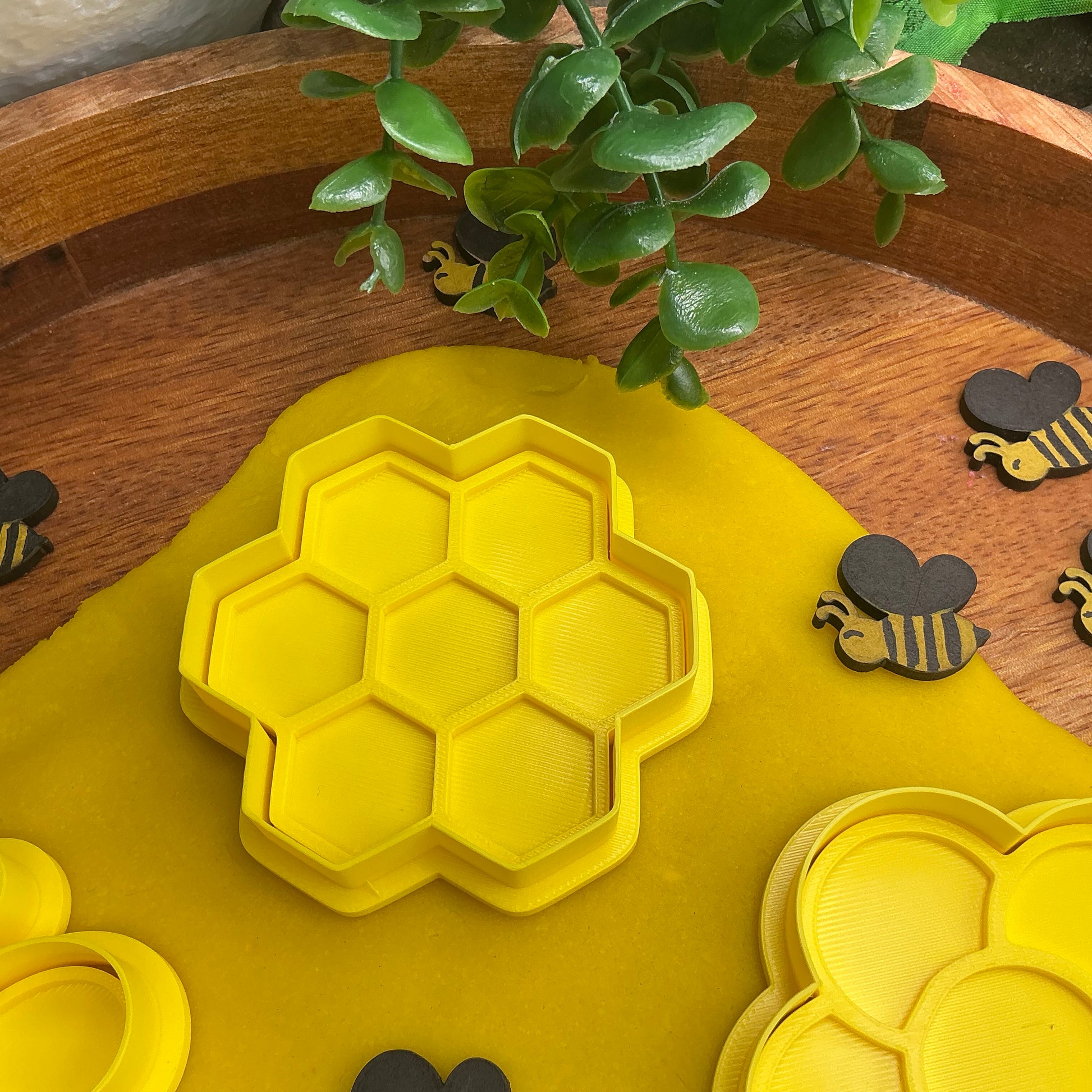 3D-printed bee theme play dough cookie cutter set - 4 piece with bee, beehive, honeycomb and flower - view 3 of 13