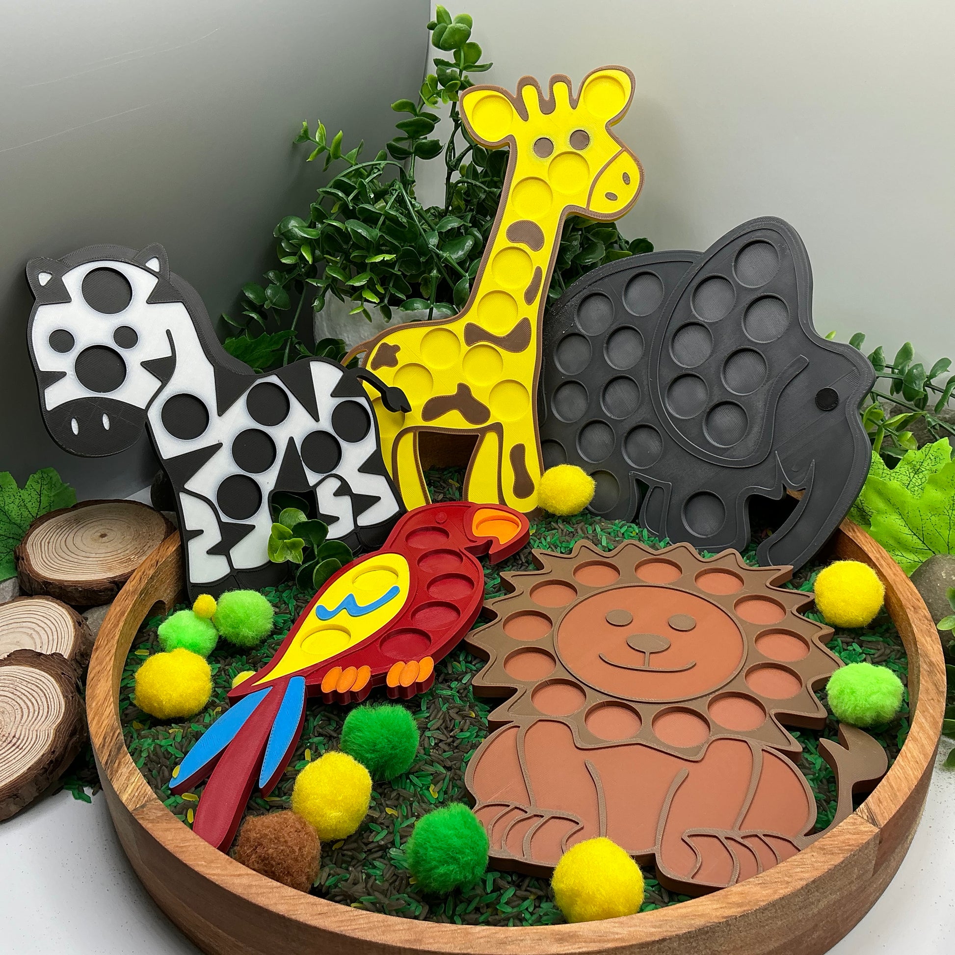 3D-printed animal shape board sensory set, 5 pieces - parrot, zebra, elephant, lion and giraffe for pom-pom play - view 4 of 21
