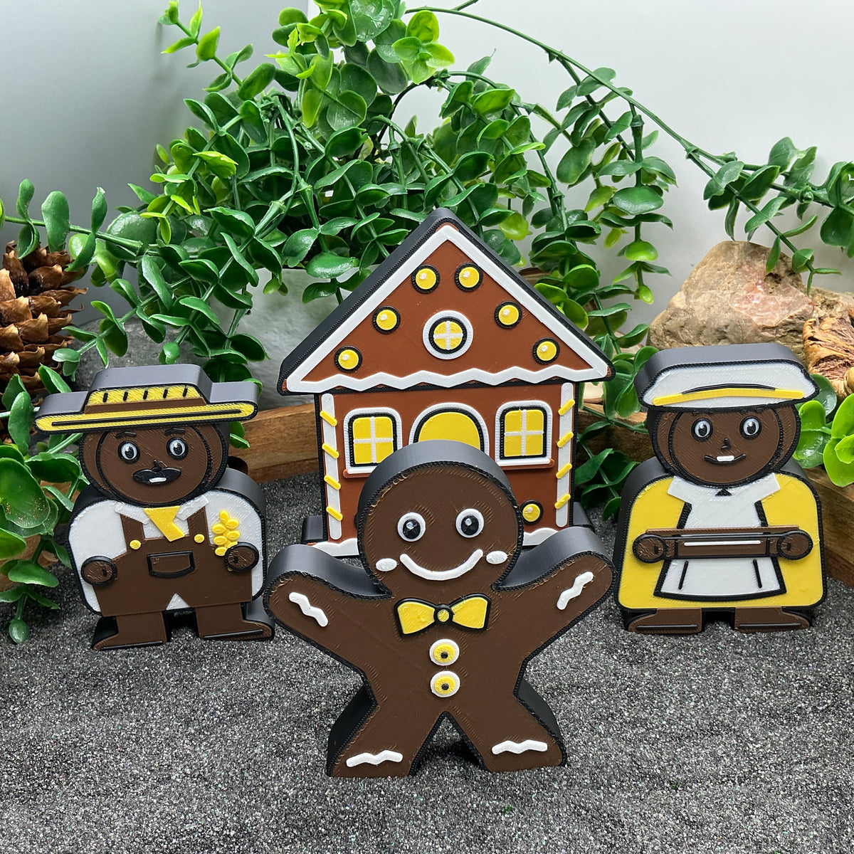 Gingerbread Man standing in front of the gingerbread house with the farmer and his wife