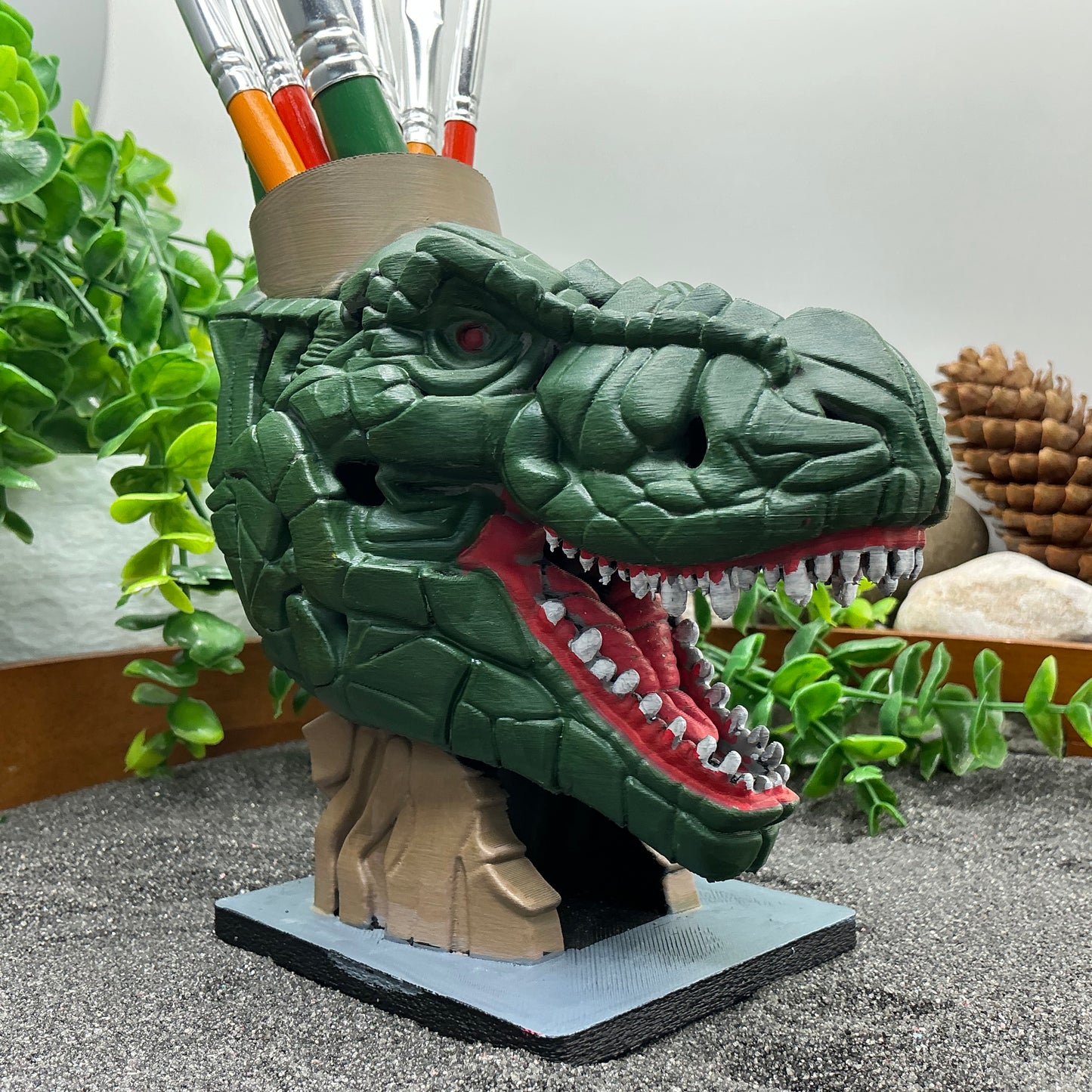 Dinosaur T Rex Pencil & Paintbrushes Pot Holder Hand Painted