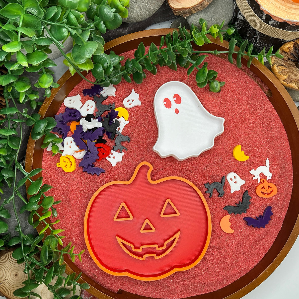 Halloween counting game 2 piece pumpkin & ghost fill shapes with 40 Halloween shaped counters