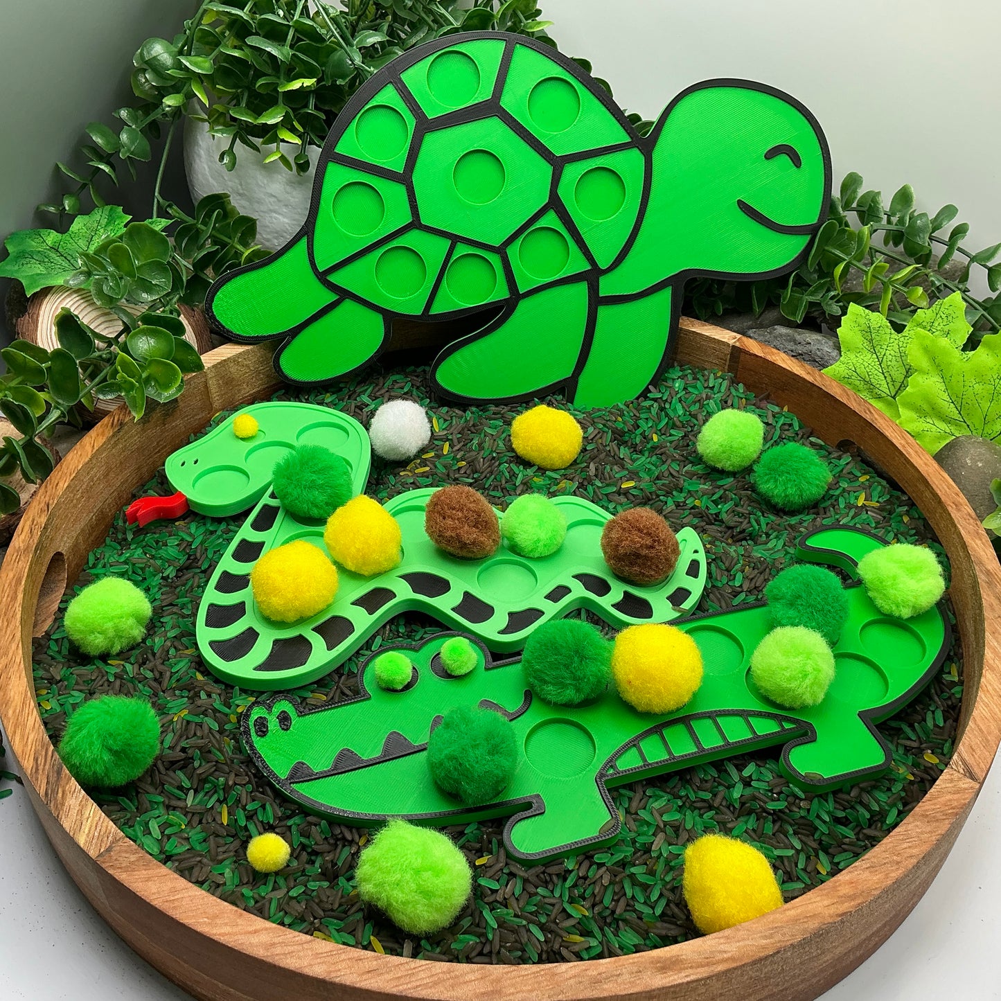 3D-printed animal shape board sensory set, 3 pieces - snake, crocodile and turtle for pom-pom play - view 5 of 13