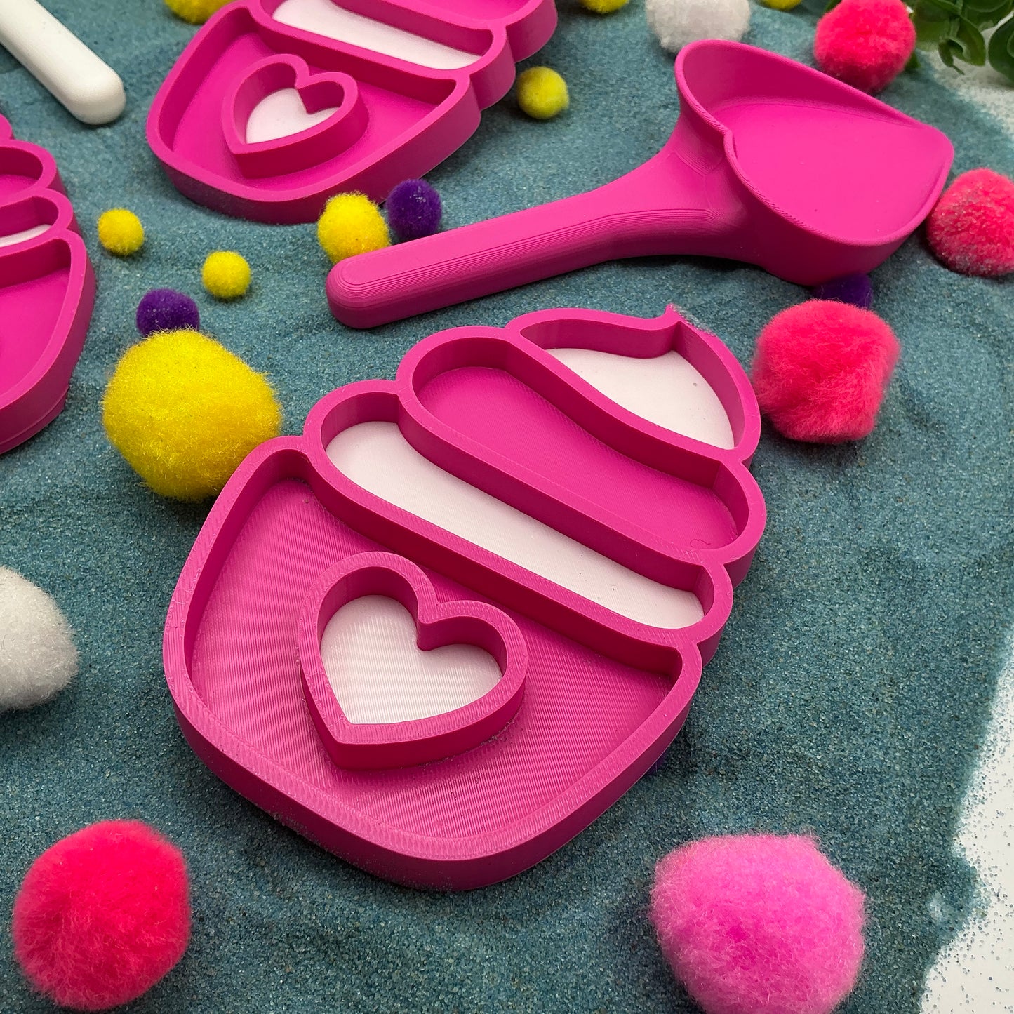 Cupcake Sensory Trays & Heart Scoops Eco Friendly Montessori Toy 3D Printed Food - Close Up