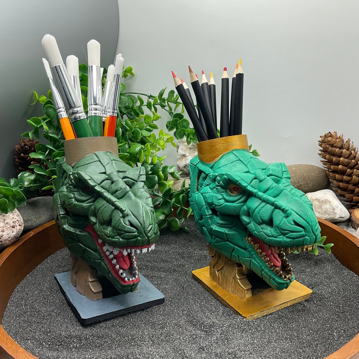 Dinosaur T Rex Pencil & Paintbrushes Pot Holder Hand Painted