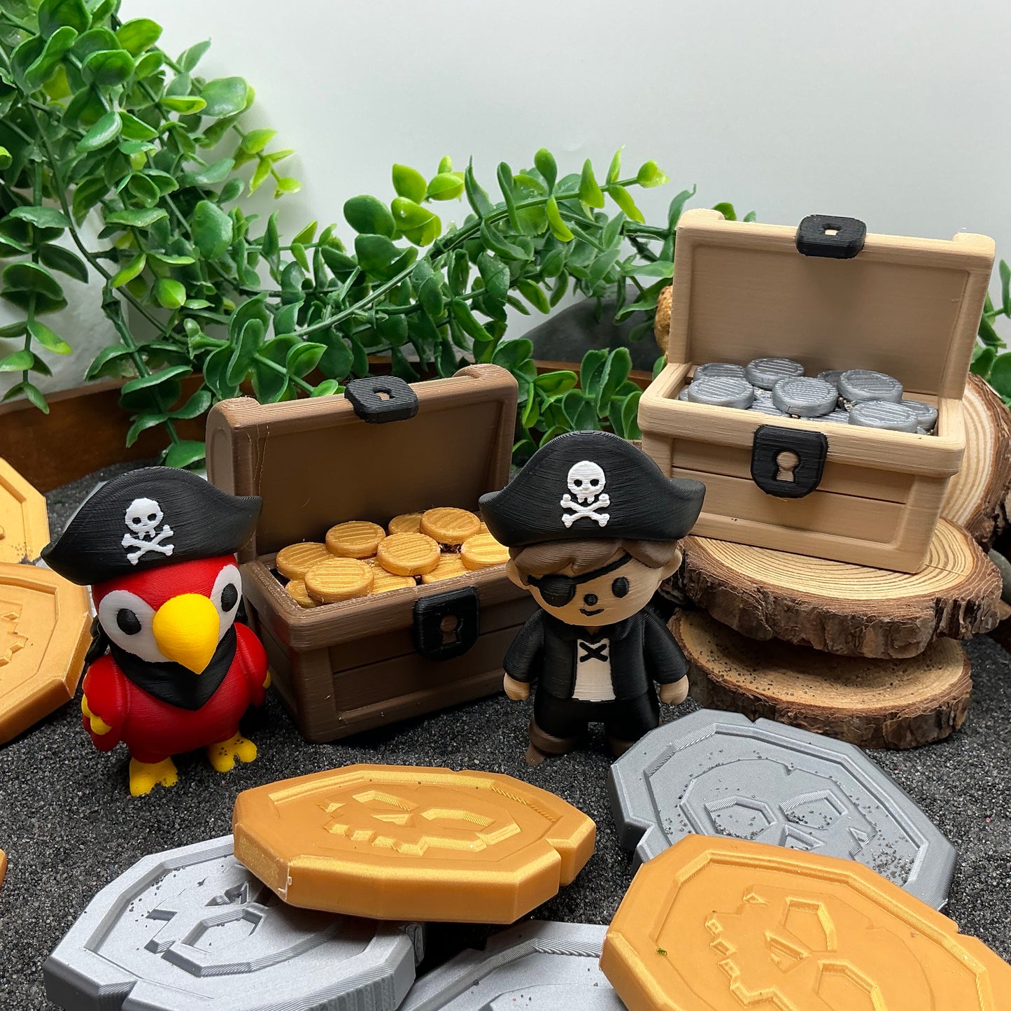 Pirate,Treasure Chest, Parrot & Treasure Coins 6 piece set