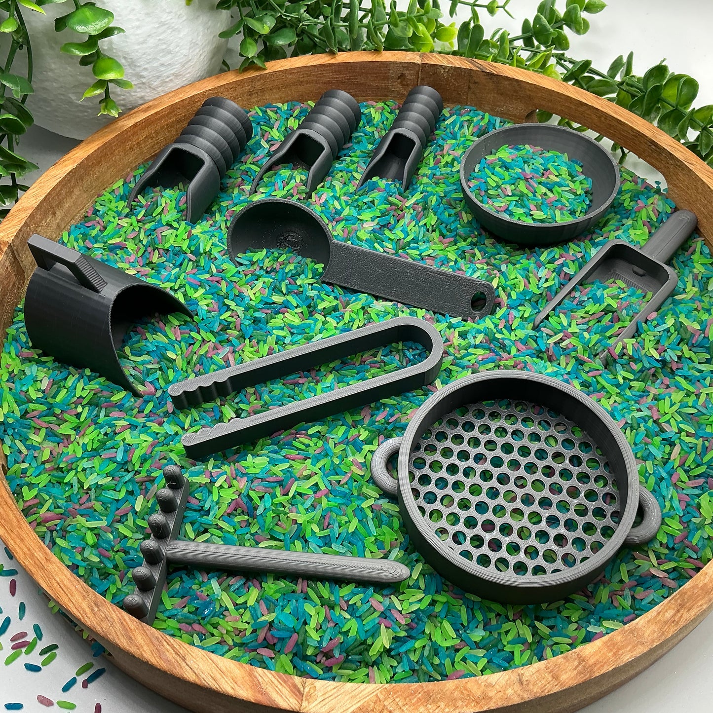 Sensory Play Tool Set - 9 Piece Set (Tweezers, Scoops, Sieve & Rake)