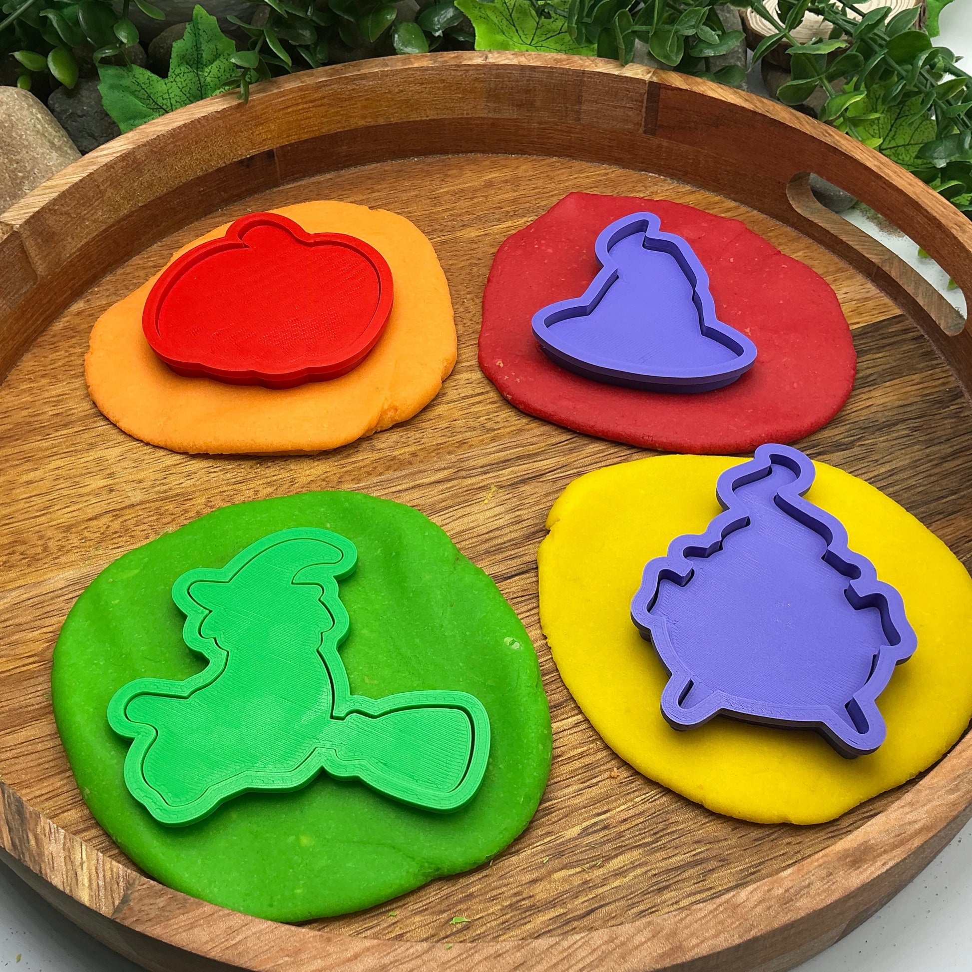 3D-printed witch Halloween play dough cookie cutter set - 4 piece (witch on broom, cauldron, hat and pumpkin) colour set C - view 6 of 14