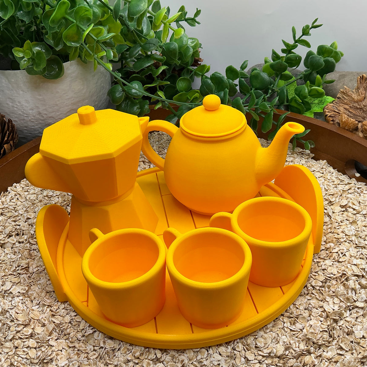 Tea & Coffee Maker Set 6 Piece Set - 3D Printed Teapot , Coffee Pot , Cups & Tray Kitchen Role Play Toy, Eco-Friendly