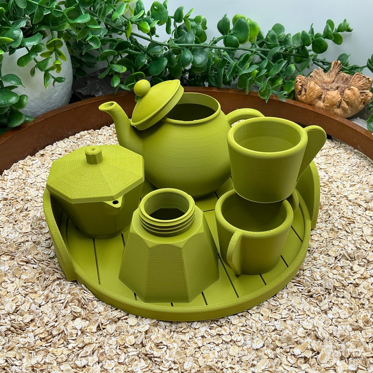 Tea & Coffee Maker Set 6 Piece Set - 3D Printed Teapot , Coffee Pot , Cups & Tray Kitchen Role Play Toy, Eco-Friendly