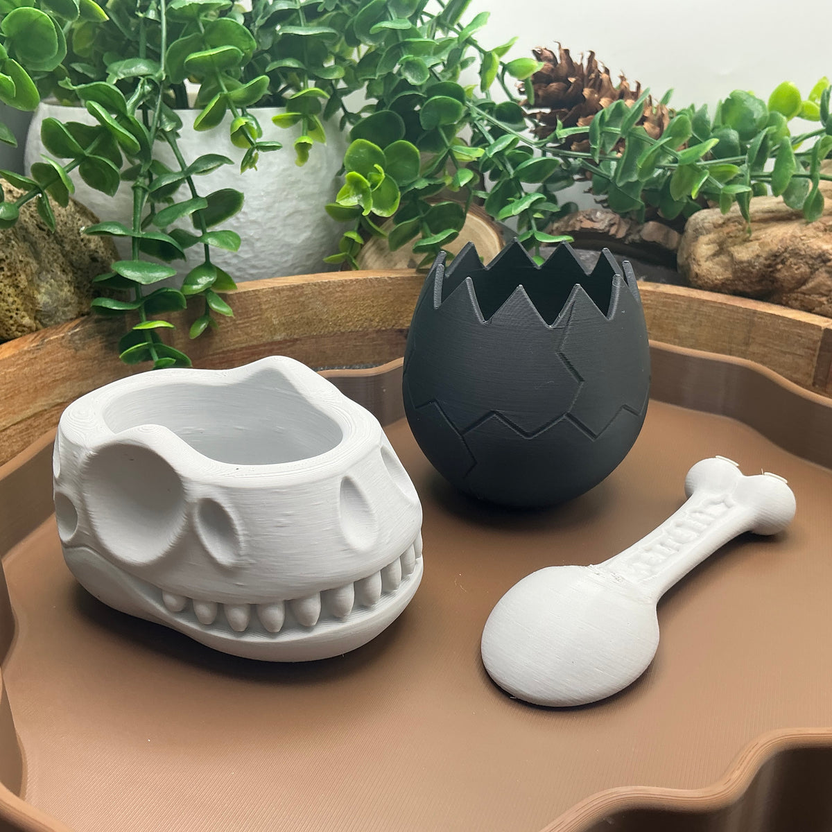 Dinosaur skull bowl, cracked egg and bone scoop