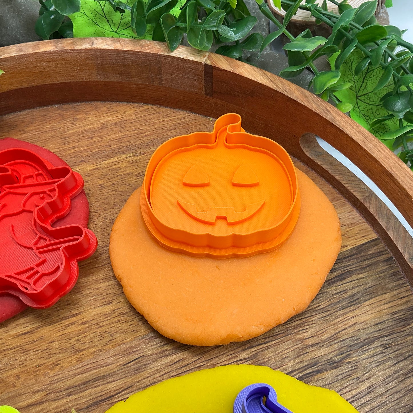 3D-printed witch Halloween play dough cookie cutter set - 4 piece (witch on broom, cauldron, hat and pumpkin) colour set A - view 3 of 13