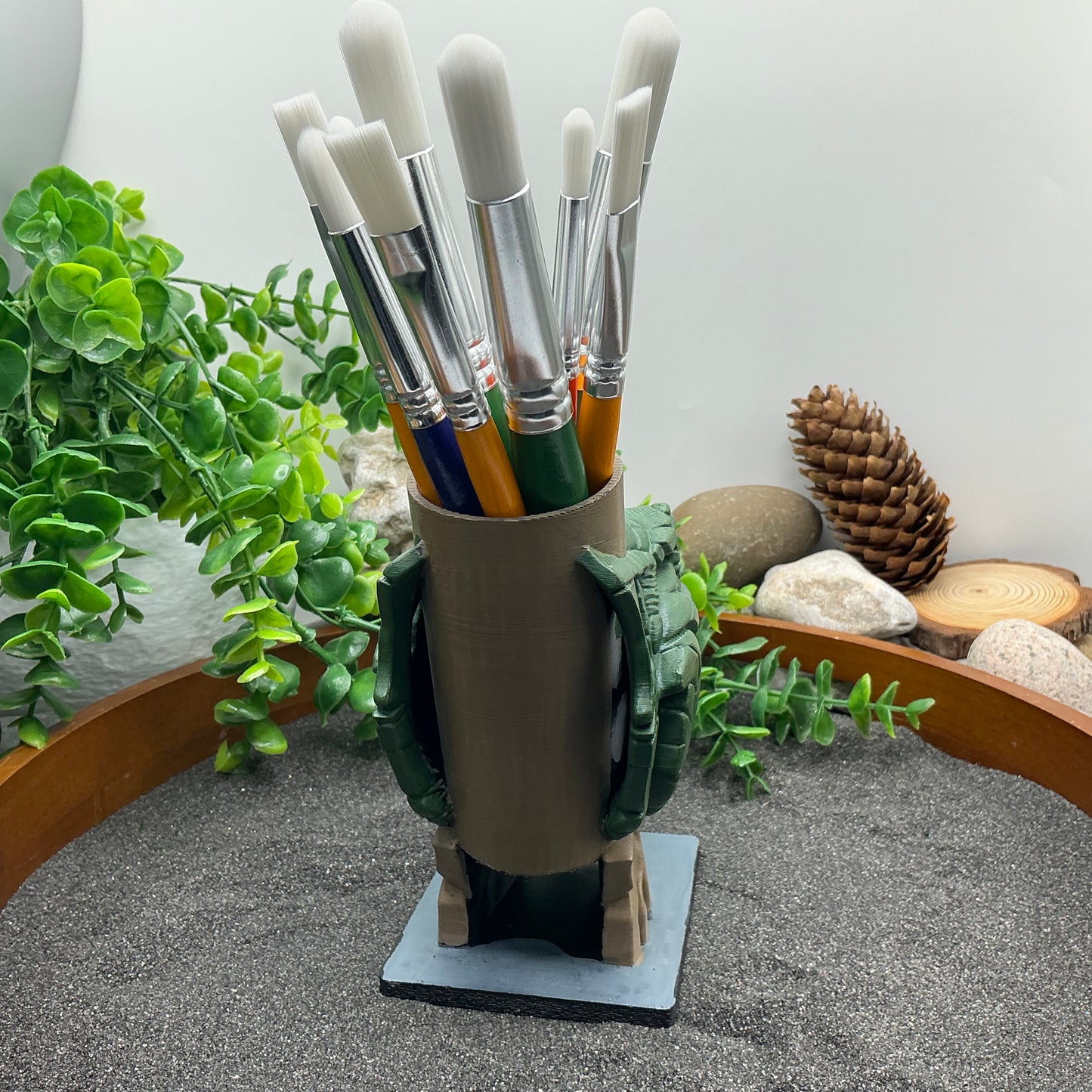 Dinosaur T Rex Pencil & Paintbrushes Pot Holder Hand Painted