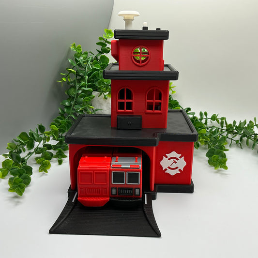 3D printed fire station playset, wooden train track compatible - image 1