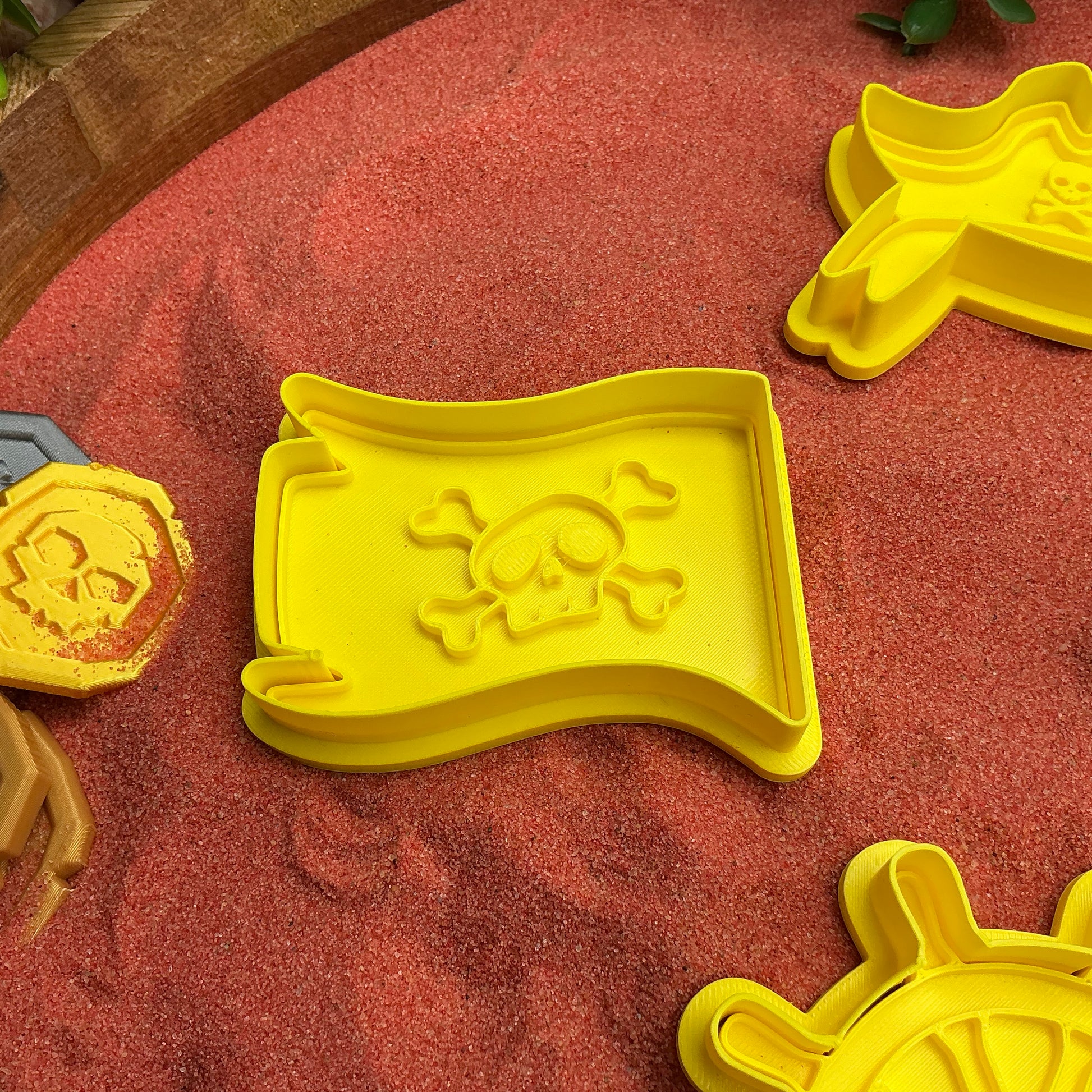 3D-printed pirate play dough cookie cutter set - 4 piece with hat, flag, wheel and spy glass in yellow red or black - view 2 of 14