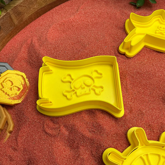 3D-printed pirate play dough cookie cutter set - 4 piece with hat, flag, wheel and spy glass in yellow red or black - view 2 of 14
