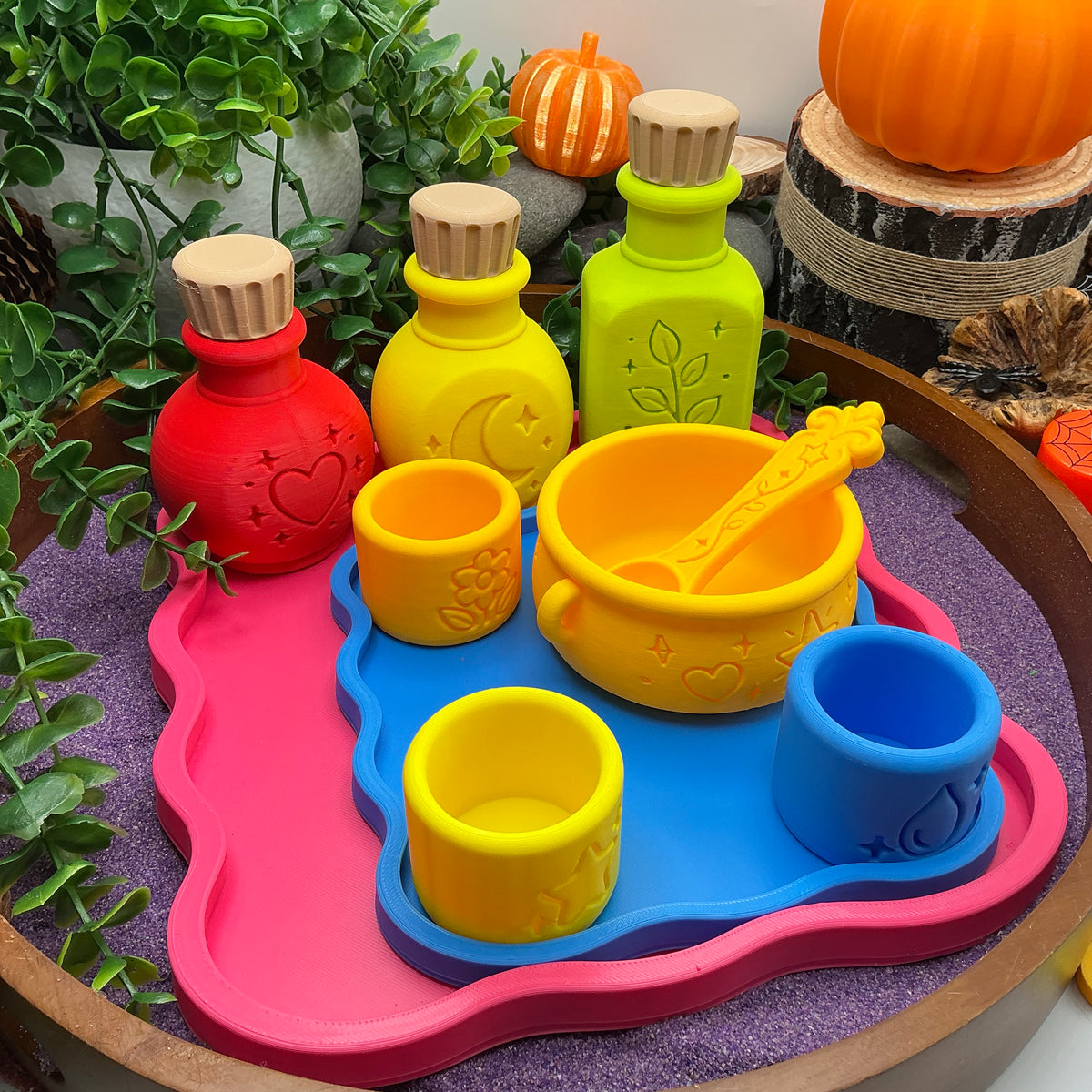 Potion Play Set - 14 Piece Sensory Play Kit with Potion Bottles, Cups, Mixing Bowl, Mini Fire Pit & Trays