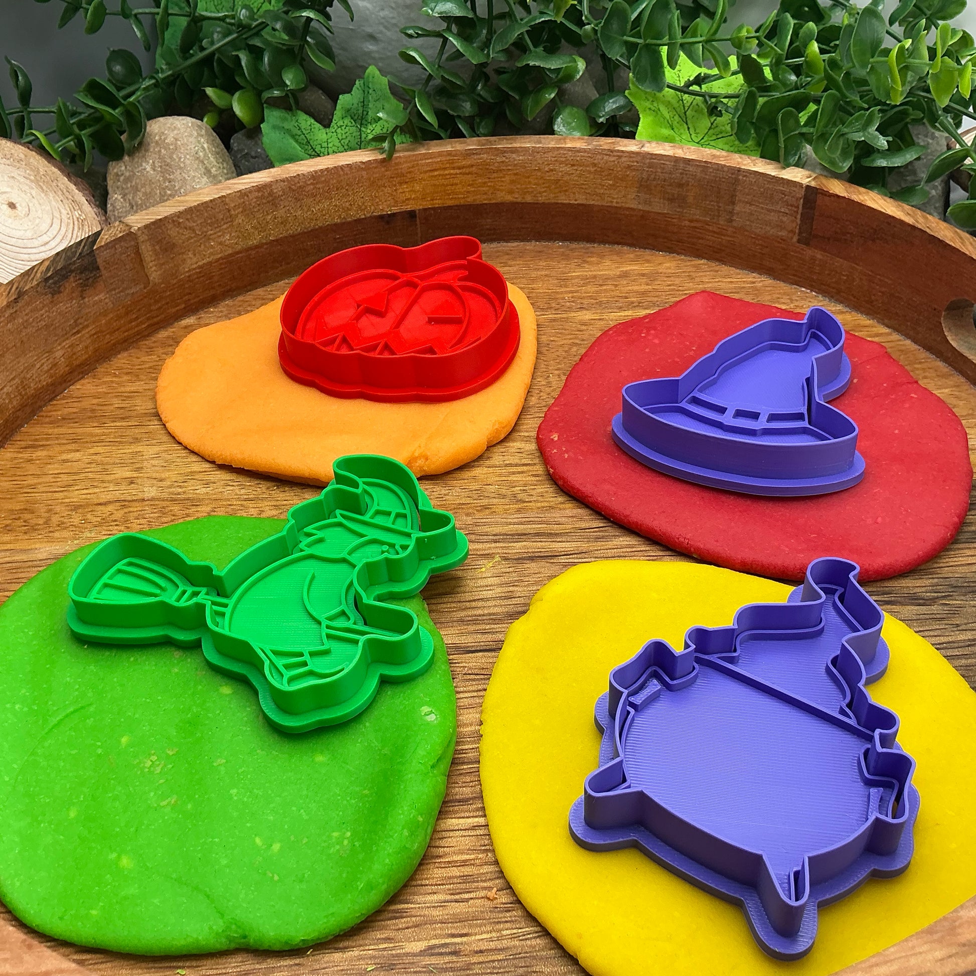 3D-printed witch Halloween play dough cookie cutter set - 4 piece (witch on broom, cauldron, hat and pumpkin) colour set C - view 1 of 14
