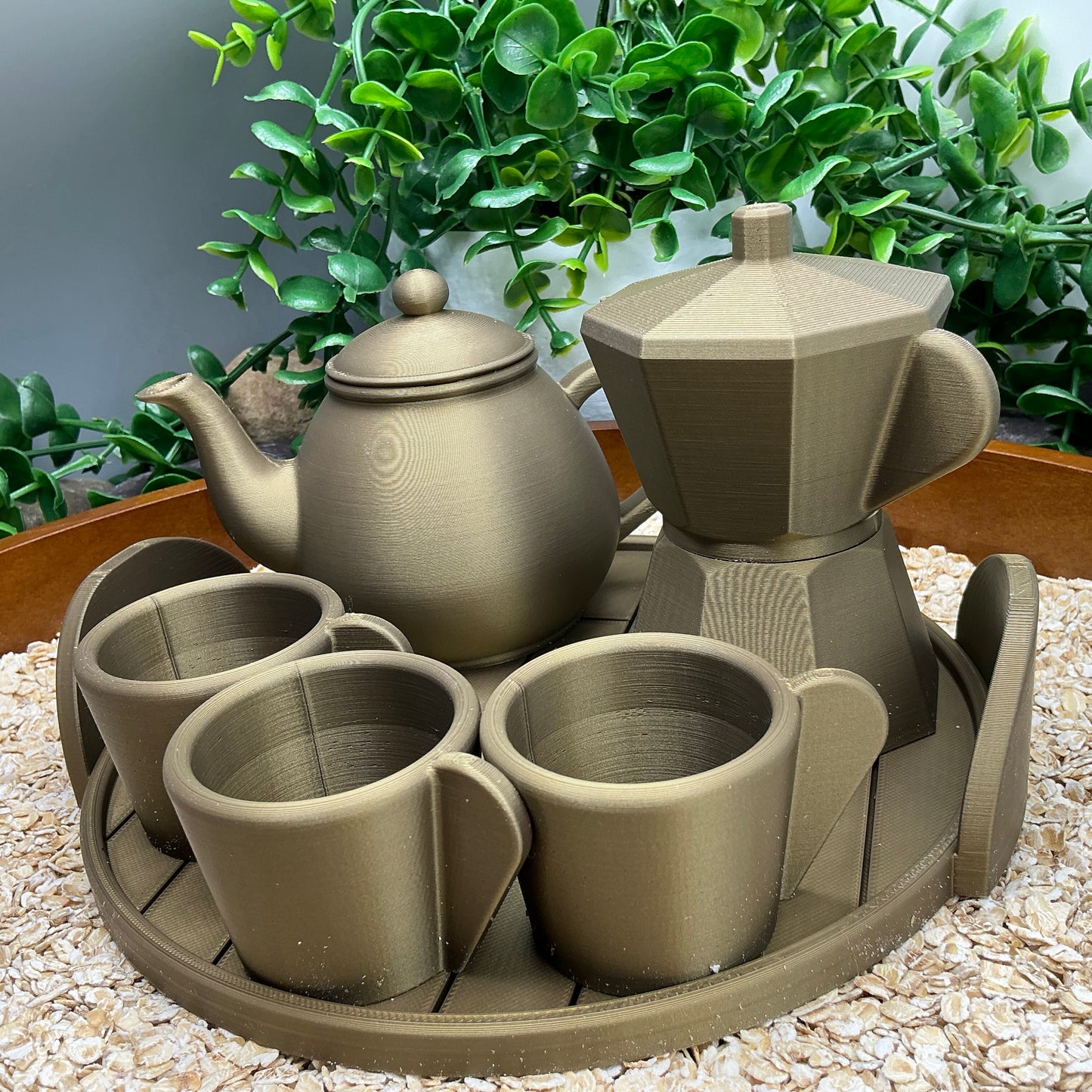 Tea & Coffee Maker Set 6 Piece Set - 3D Printed Teapot , Coffee Pot , Cups & Tray Kitchen Role Play Toy, Eco-Friendly