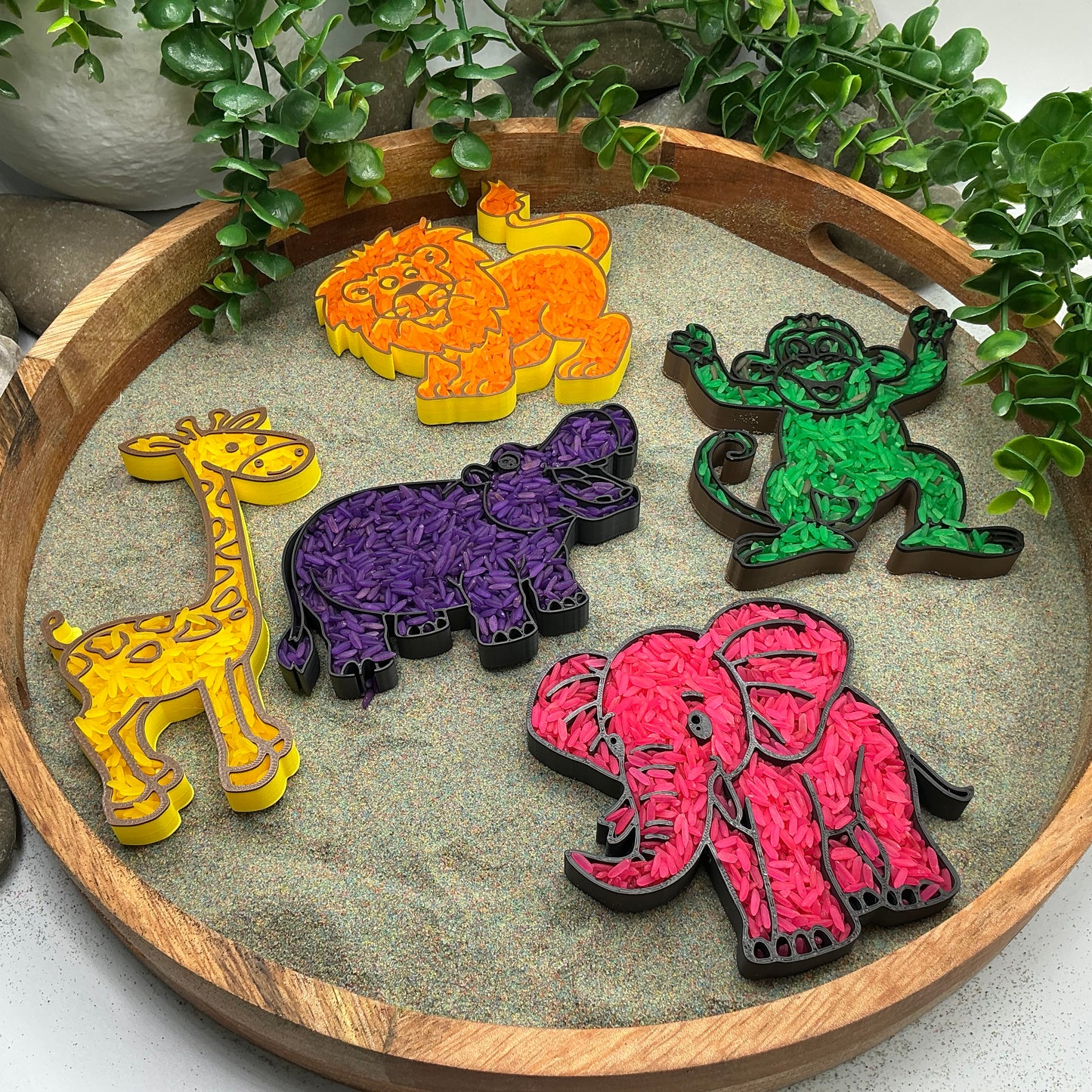 Safari animals Fill Shapes Sensory Filling Trays 5 piece set elephant hippo lion monkey and giraffe