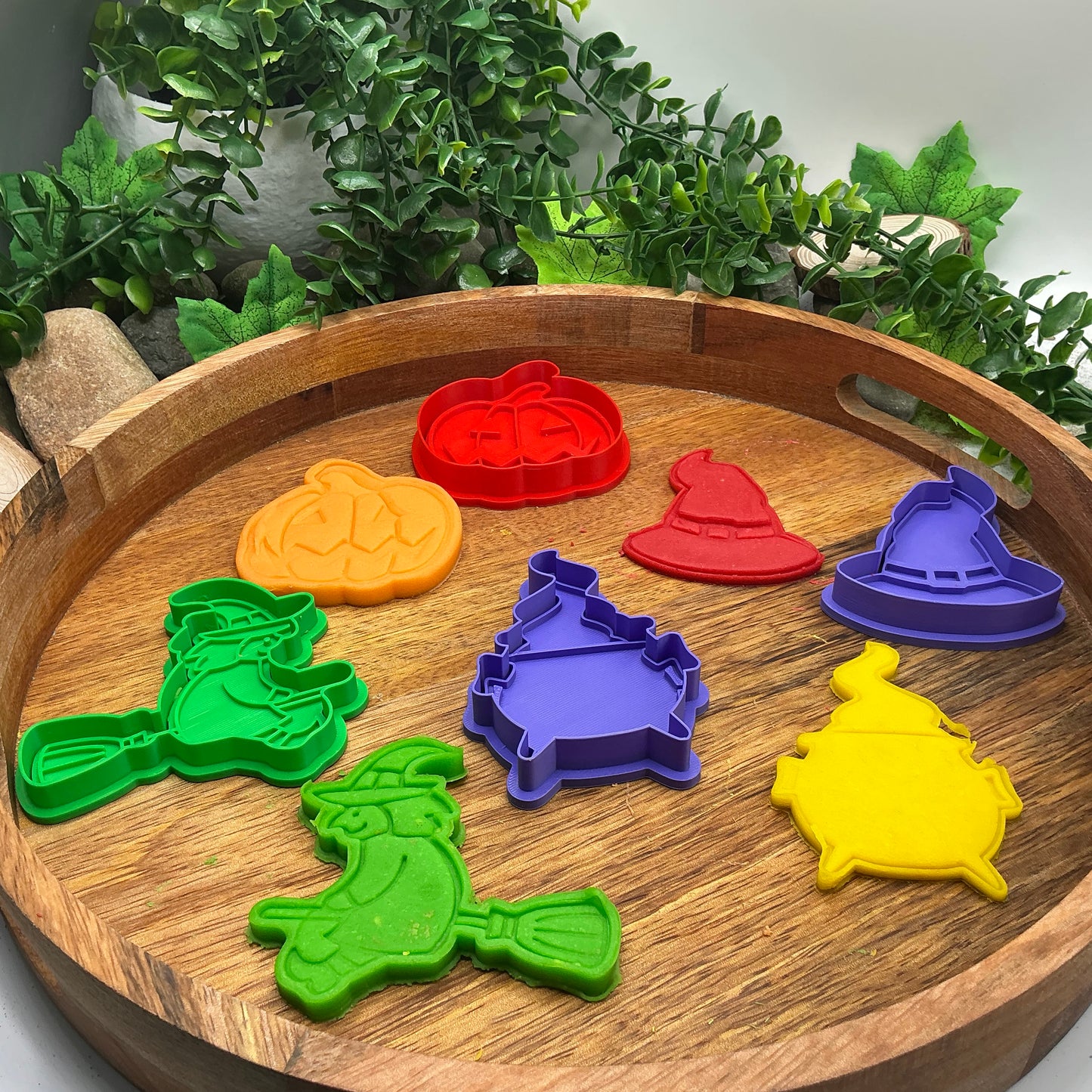 3D-printed witch Halloween play dough cookie cutter set - 4 piece (witch on broom, cauldron, hat and pumpkin) colour set C - view 8 of 14