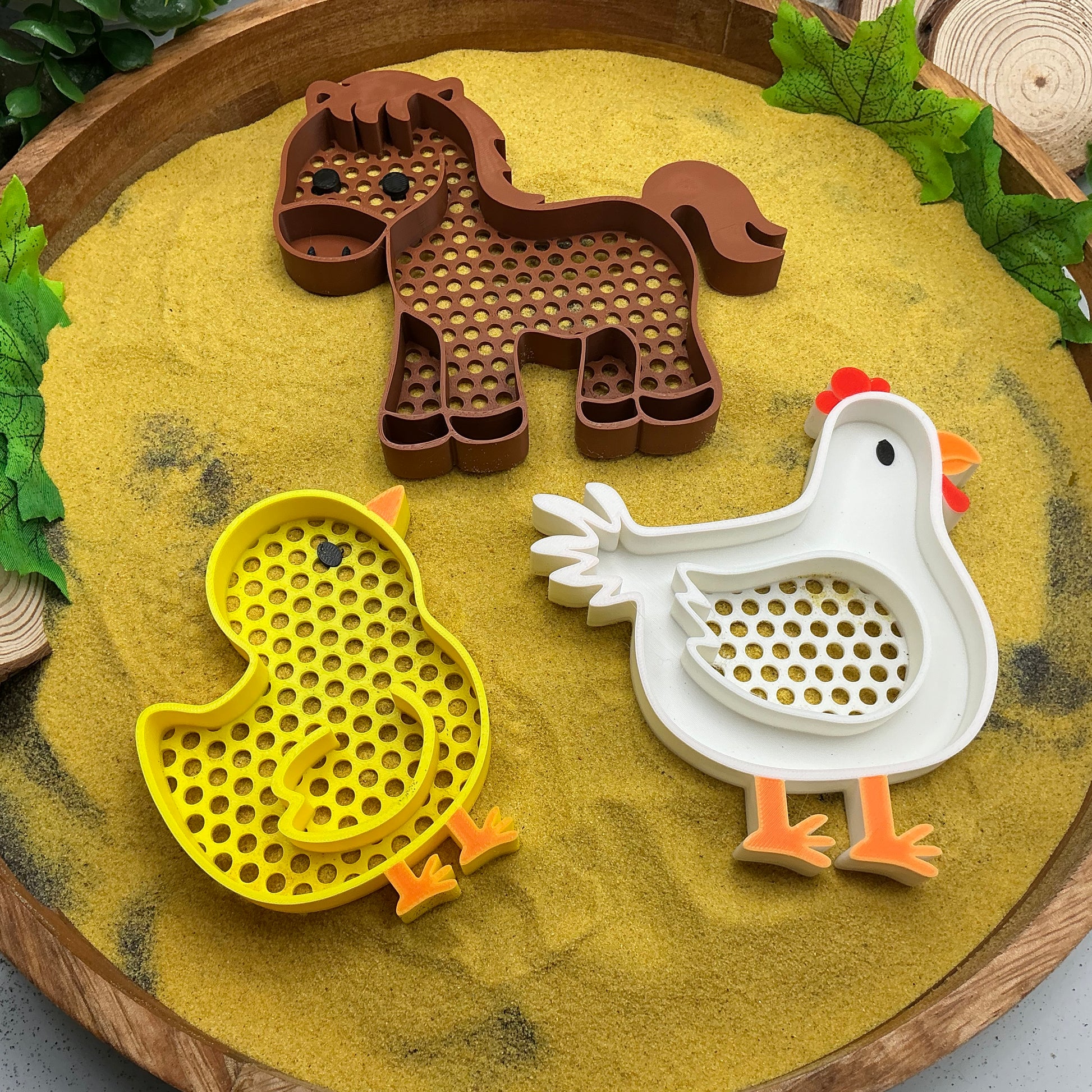 3D-printed farm animal sieves 3-piece set - horse, chicken and chick for sand and water play - view 1 of 8