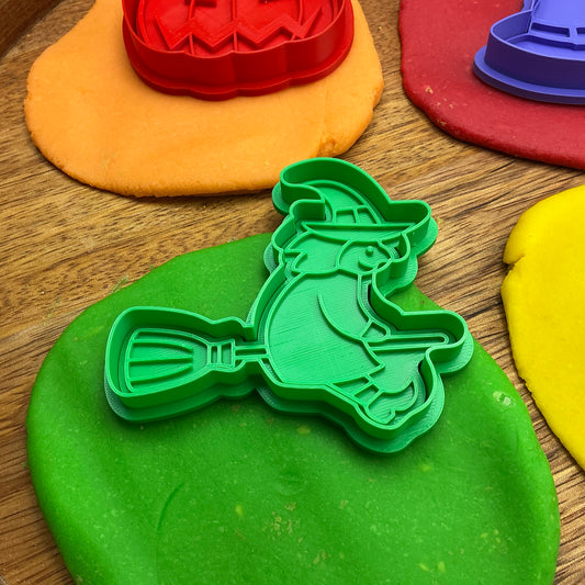 3D-printed witch Halloween play dough cookie cutter set - 4 piece (witch on broom, cauldron, hat and pumpkin) colour set C - view 2 of 14